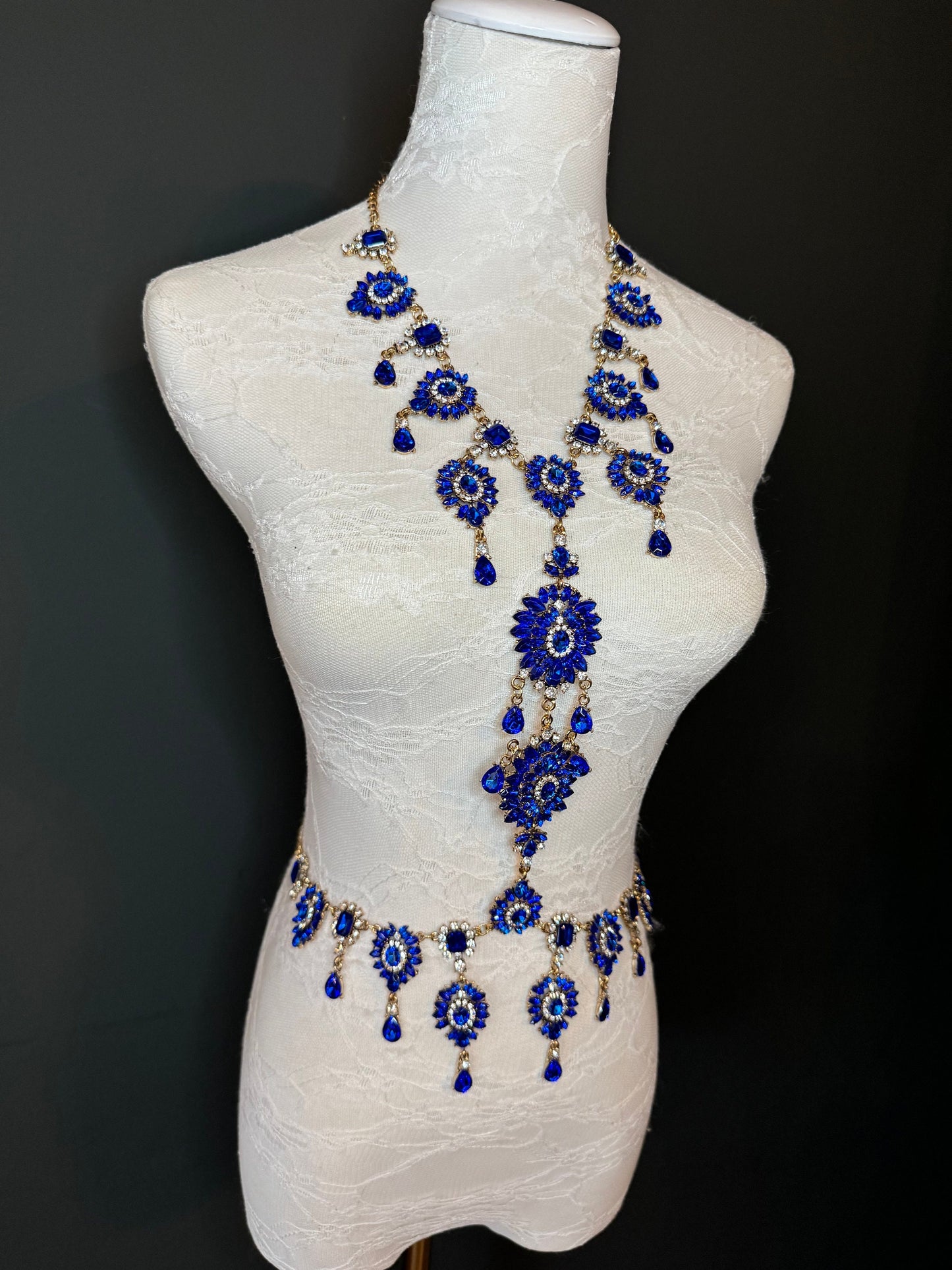 Blue Rhinestone Body Chain,  Elegant Costume Jewellery, FAN Design