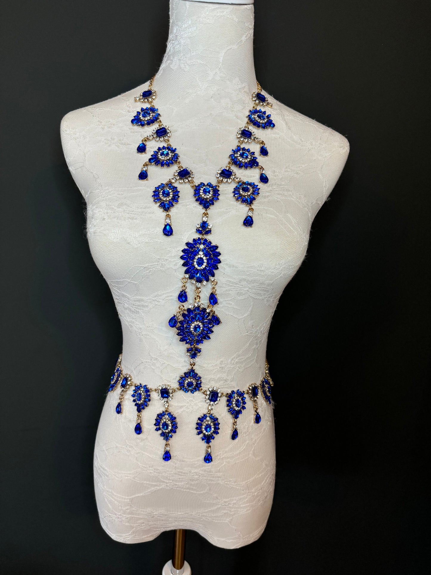 Blue Rhinestone Body Chain,  Elegant Costume Jewellery, FAN Design