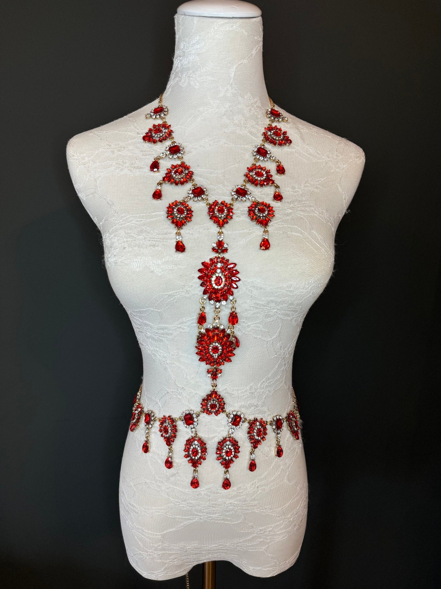 Red Rhinestone Body Chain, Elegant Costume Jewellery, FAN Design