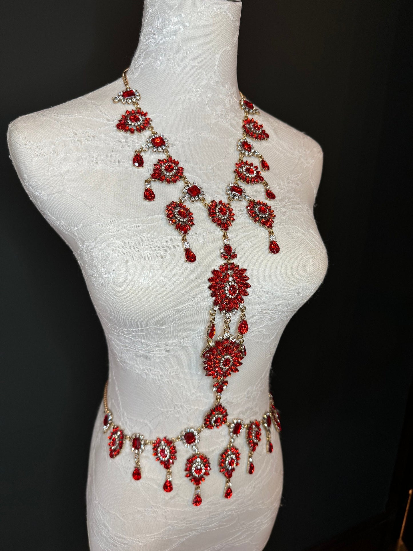 Red Rhinestone Body Chain, Elegant Costume Jewellery, FAN Design