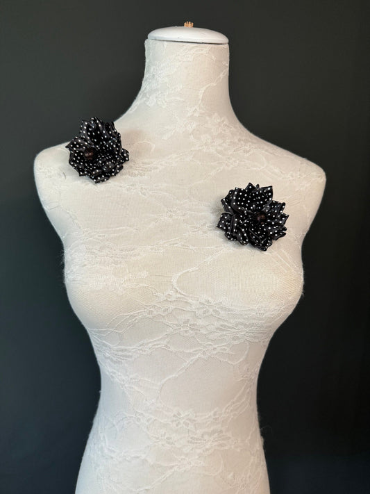 Corsage Flower, Pin on, Black White Spots, 3” Wide, Fabric Pin on Corsage, Bridal, Clothing, Fashion, Accessory, Fashion, Gift, FAN Design