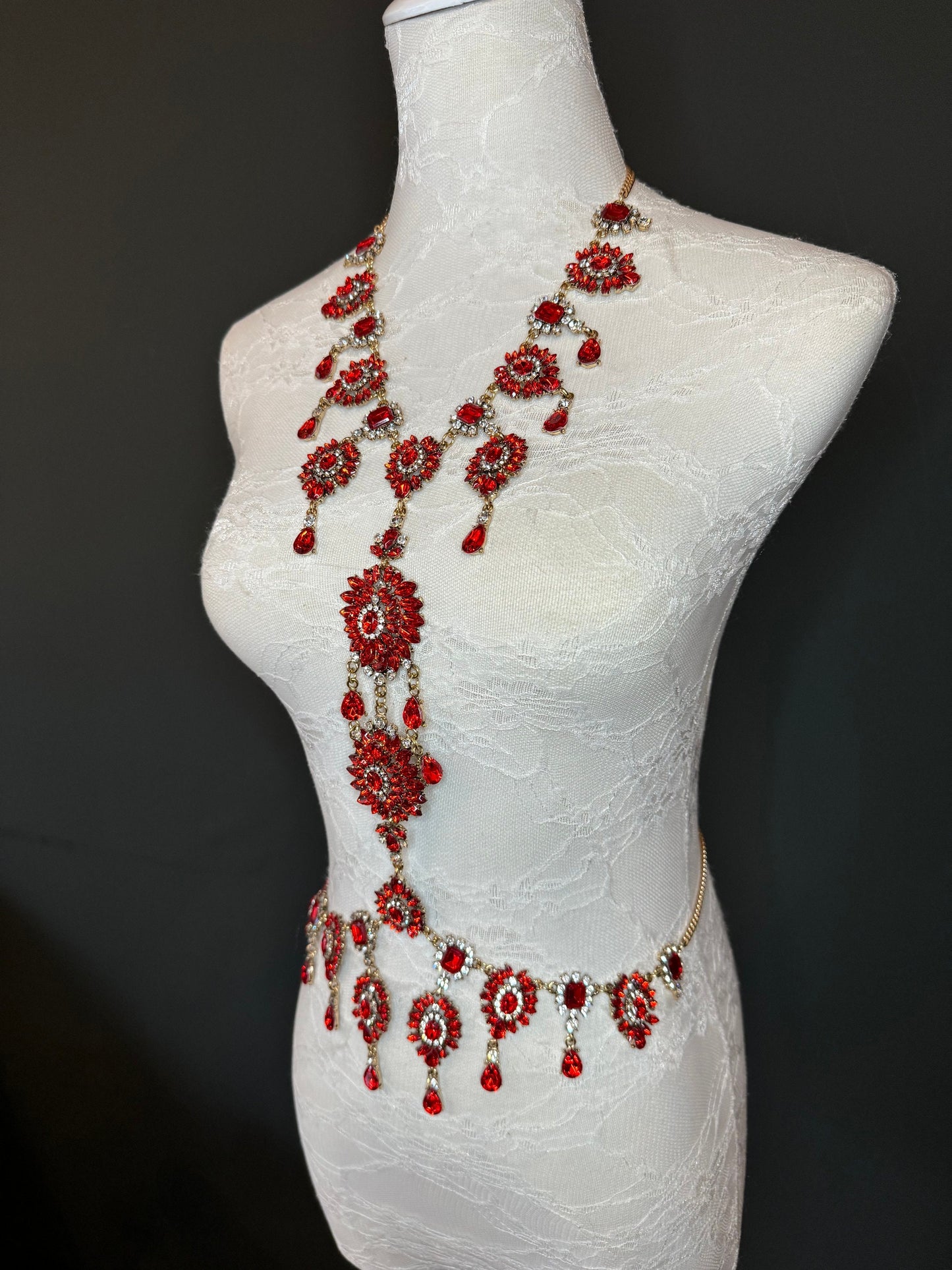 Red Rhinestone Body Chain, Elegant Costume Jewellery, FAN Design
