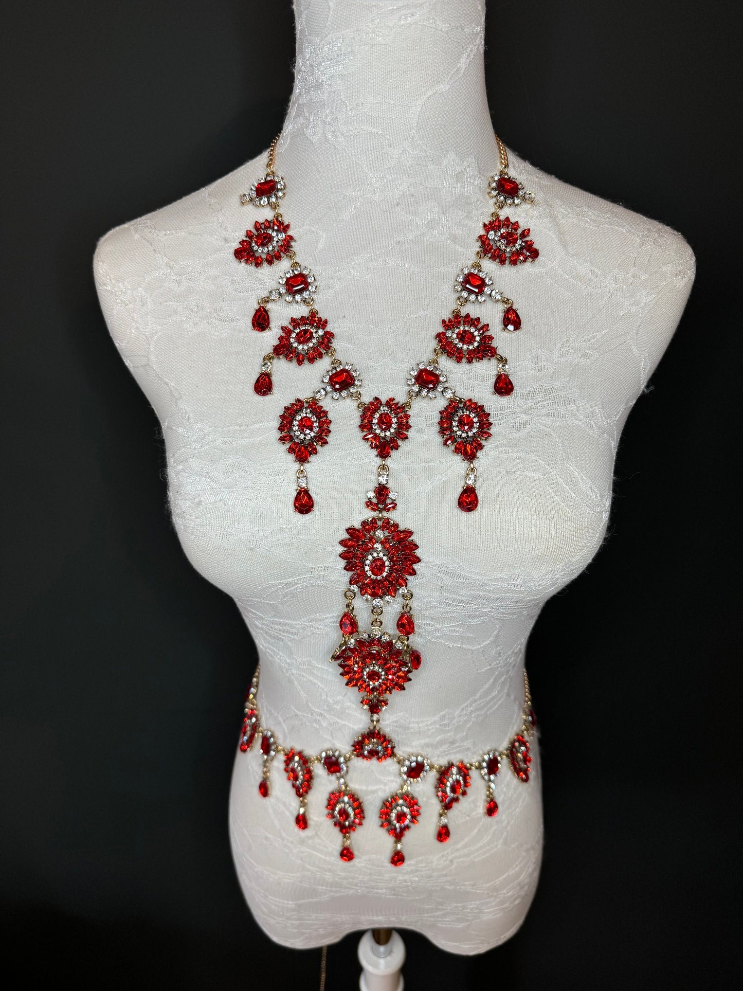 Red Rhinestone Body Chain, Elegant Costume Jewellery, FAN Design