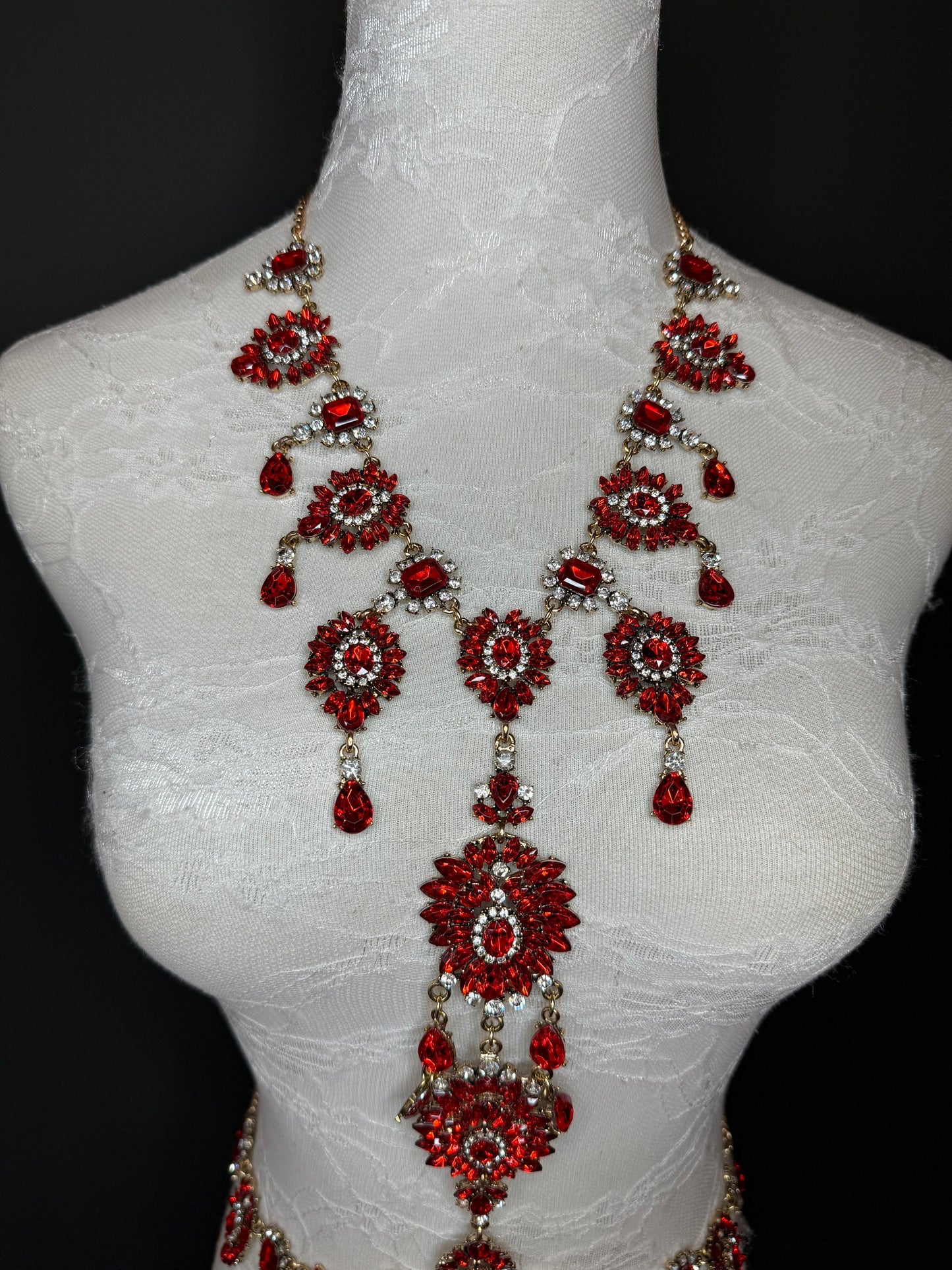 Red Rhinestone Body Chain, Elegant Costume Jewellery, FAN Design