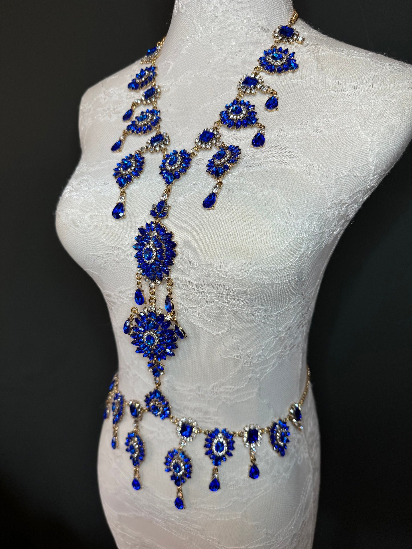 Blue Rhinestone Body Chain,  Elegant Costume Jewellery, FAN Design