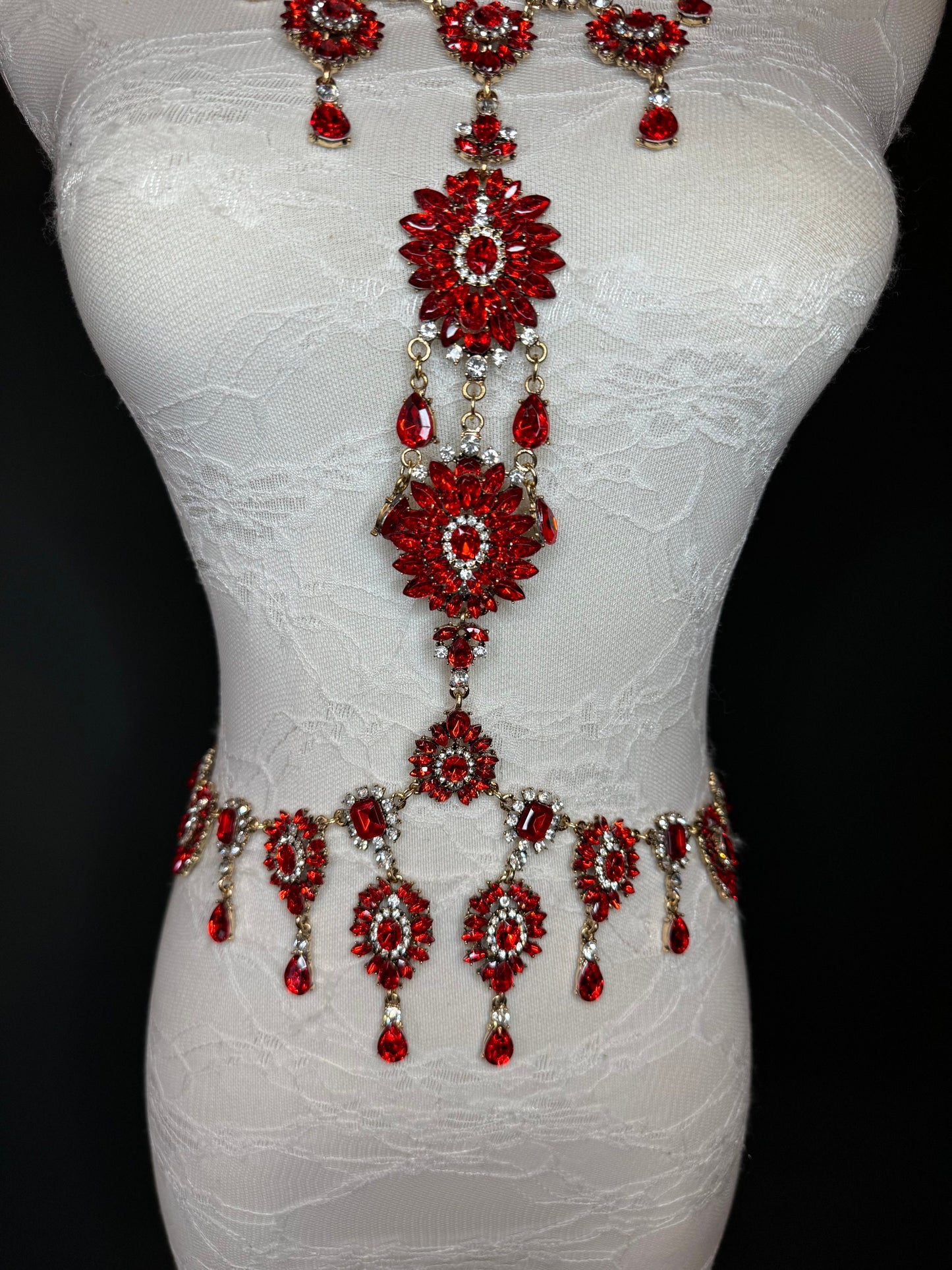 Red Rhinestone Body Chain, Elegant Costume Jewellery, FAN Design