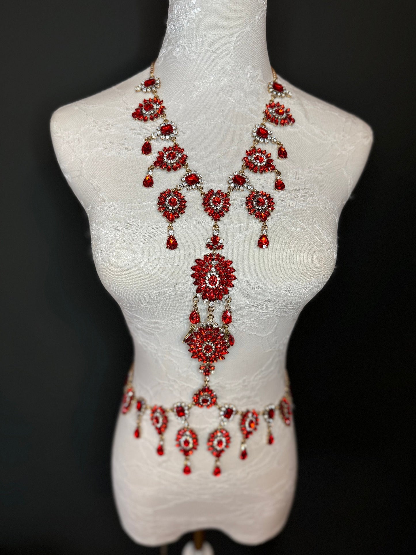 Red Rhinestone Body Chain, Elegant Costume Jewellery, FAN Design