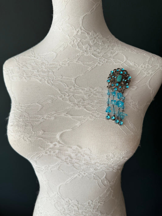 Rhinestone Brooch, Beaded Tassel Brooch, Gunmetal Brooch, Diamanté Brooch, Jewel Brooch, Gift, Quality Brooch