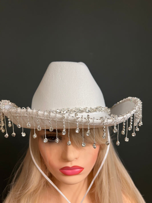 Rhinestone Hat, Fringe Hat, Hen, Party, Cowboy Hat, Black Pink White