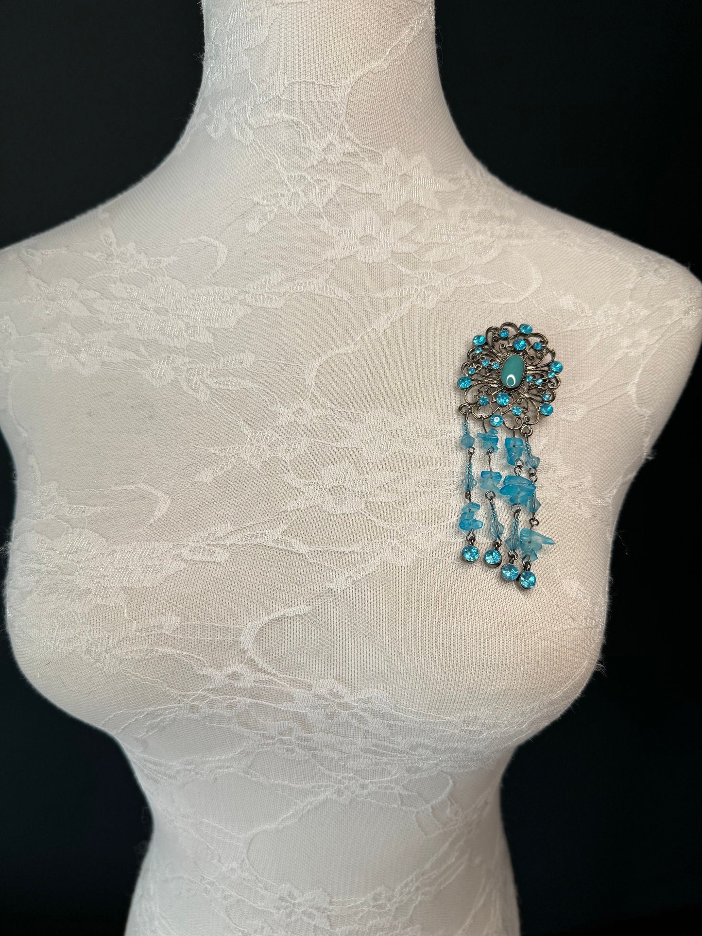 Rhinestone Brooch, Beaded Tassel Brooch, Gunmetal Brooch, Diamanté Brooch, Jewel Brooch, Gift, Quality Brooch