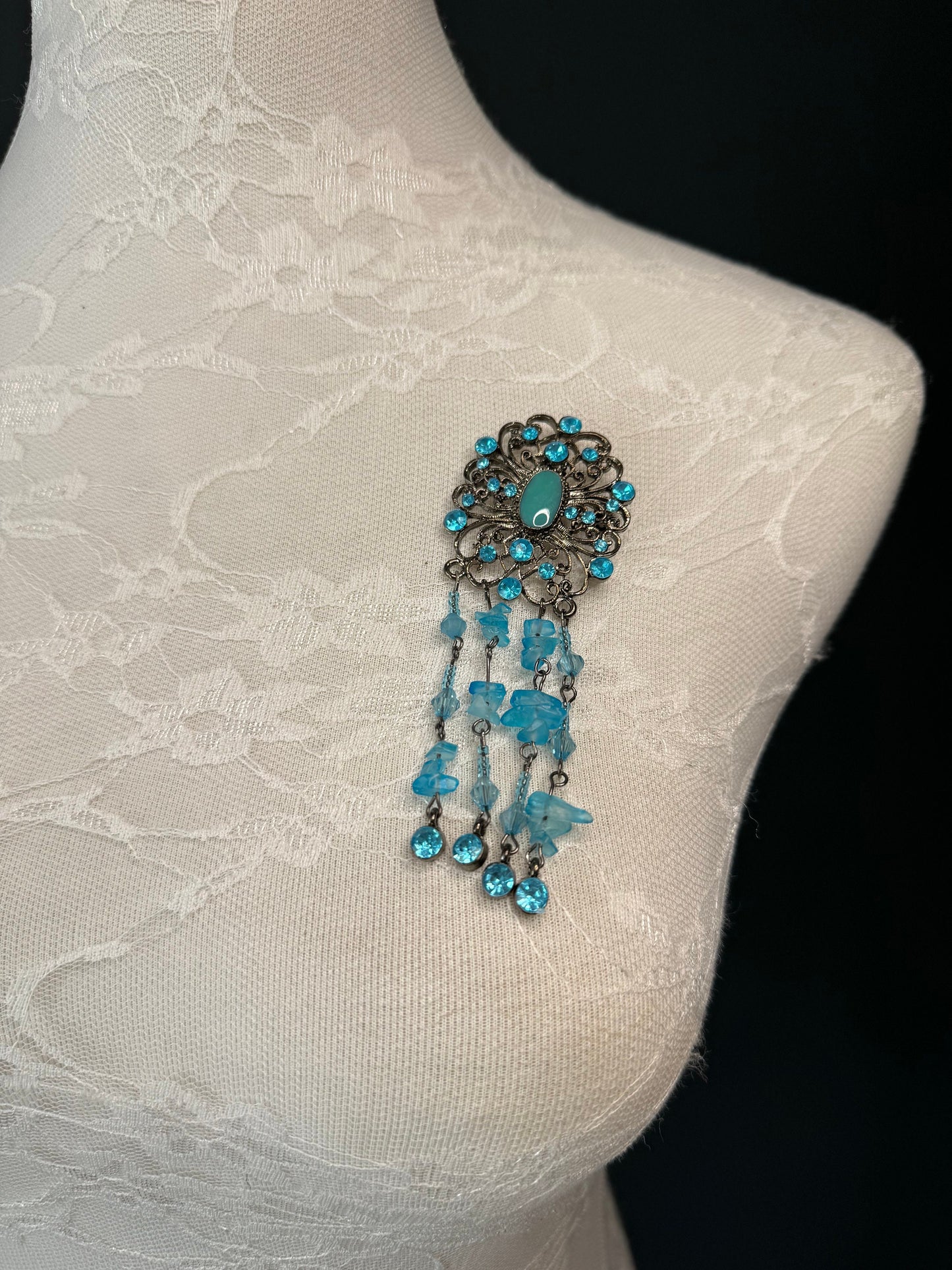 Rhinestone Brooch, Beaded Tassel Brooch, Gunmetal Brooch, Diamanté Brooch, Jewel Brooch, Gift, Quality Brooch
