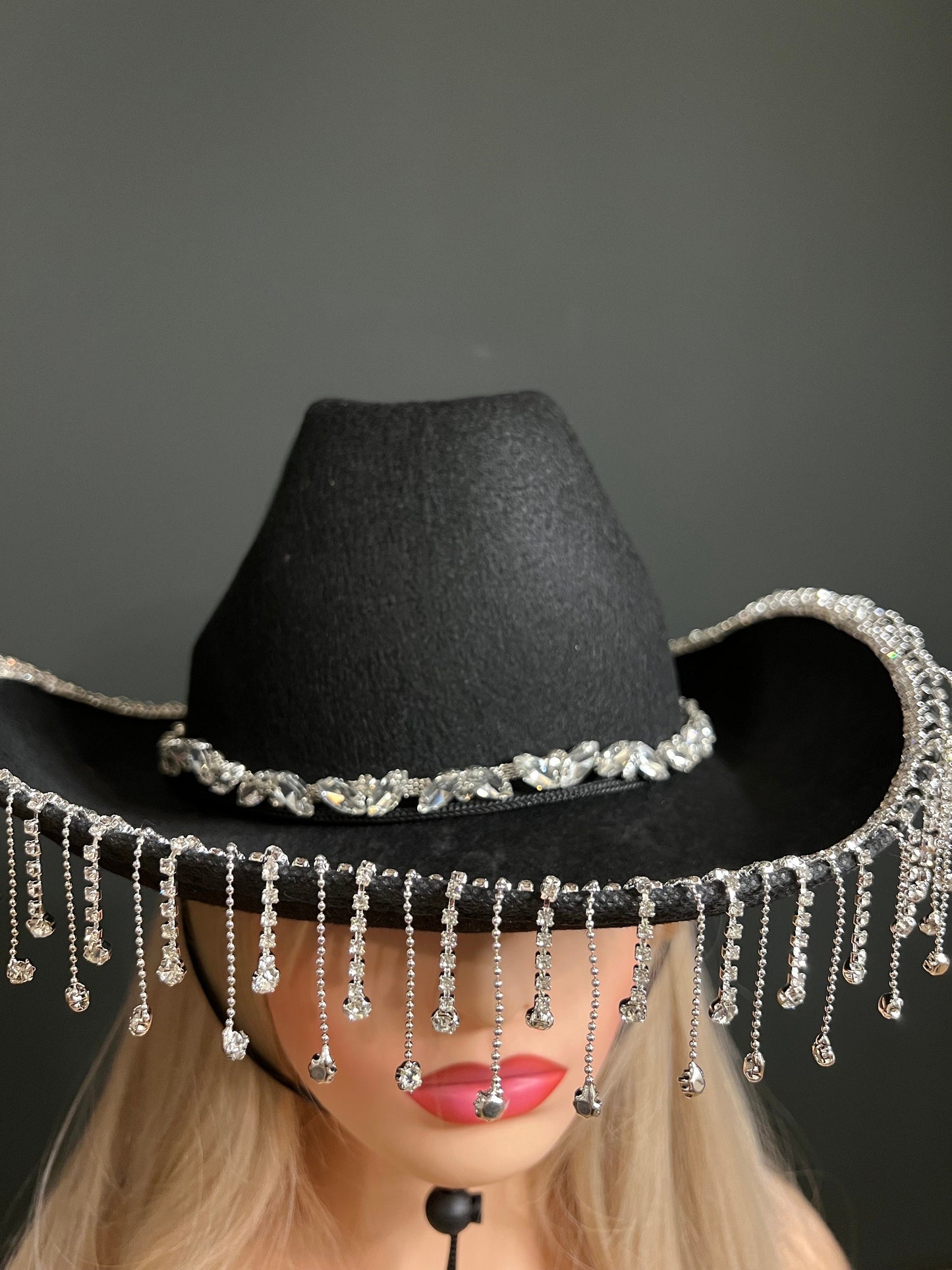 Rhinestone Hat, Fringe Hat, Hen, Party, Cowboy Hat, Black Pink White
