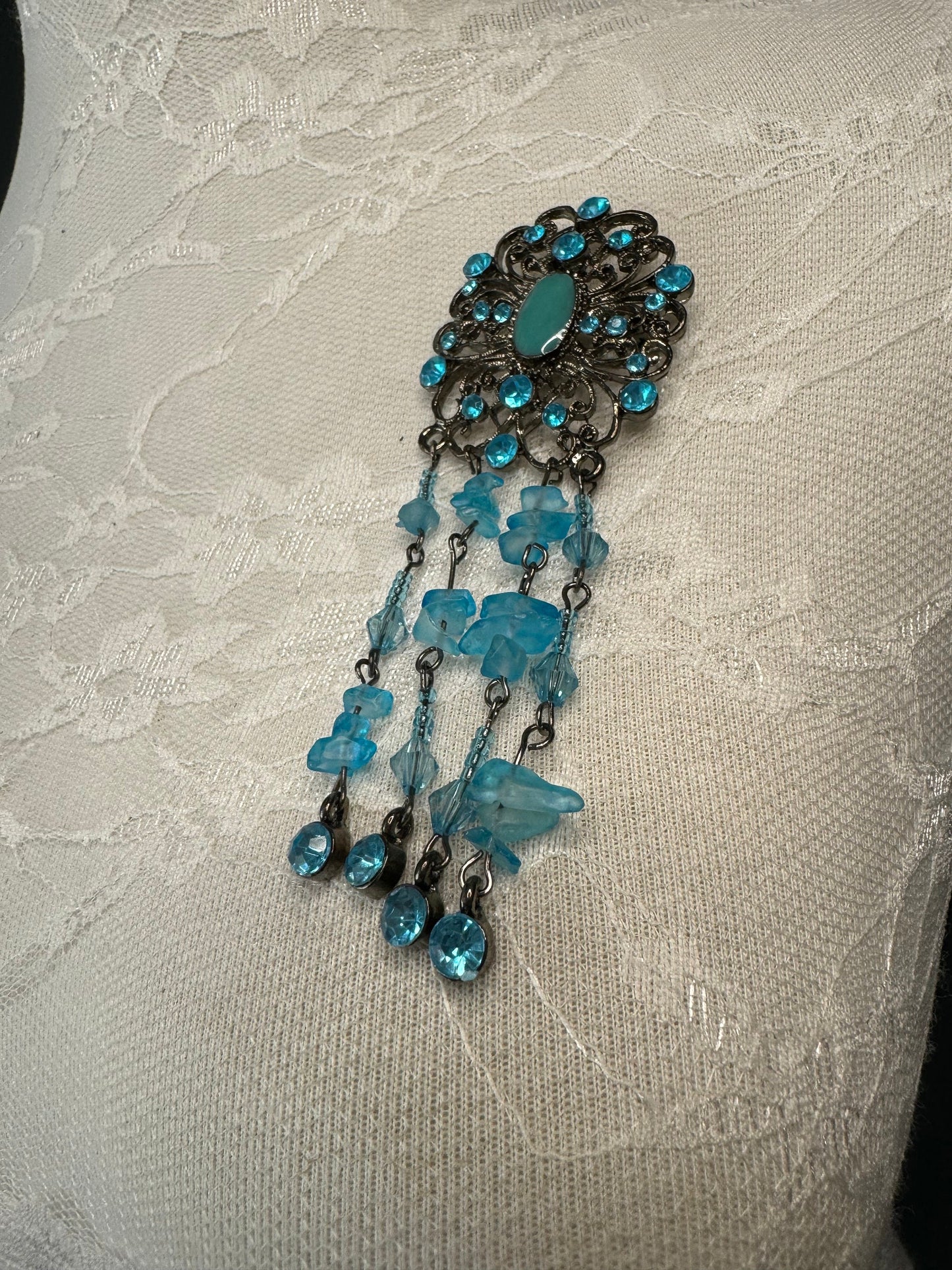 Rhinestone Brooch, Beaded Tassel Brooch, Gunmetal Brooch, Diamanté Brooch, Jewel Brooch, Gift, Quality Brooch
