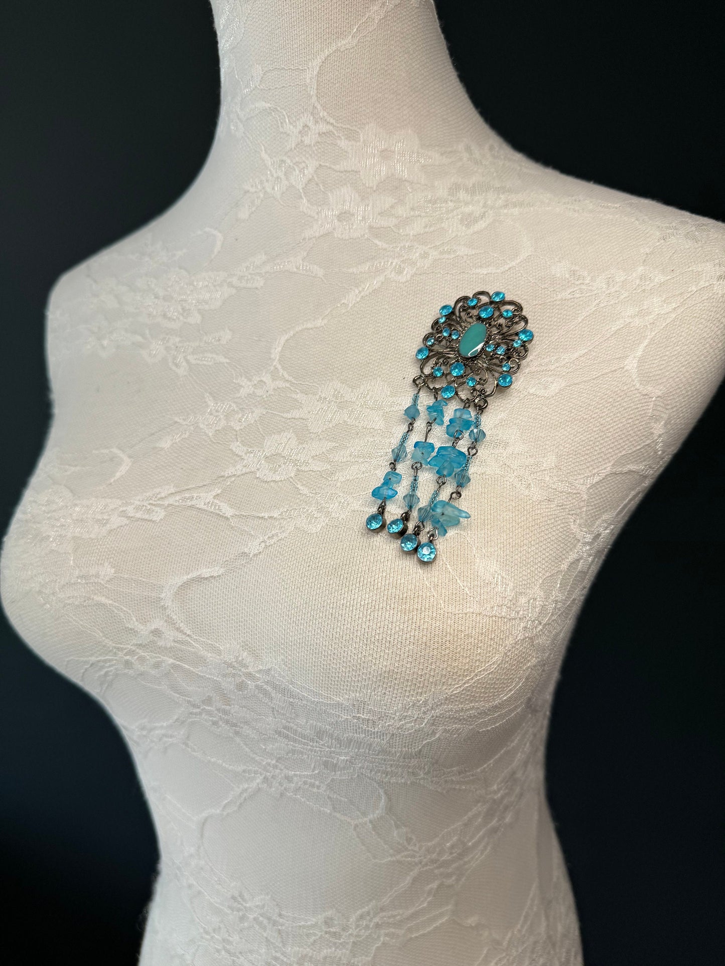 Rhinestone Brooch, Beaded Tassel Brooch, Gunmetal Brooch, Diamanté Brooch, Jewel Brooch, Gift, Quality Brooch