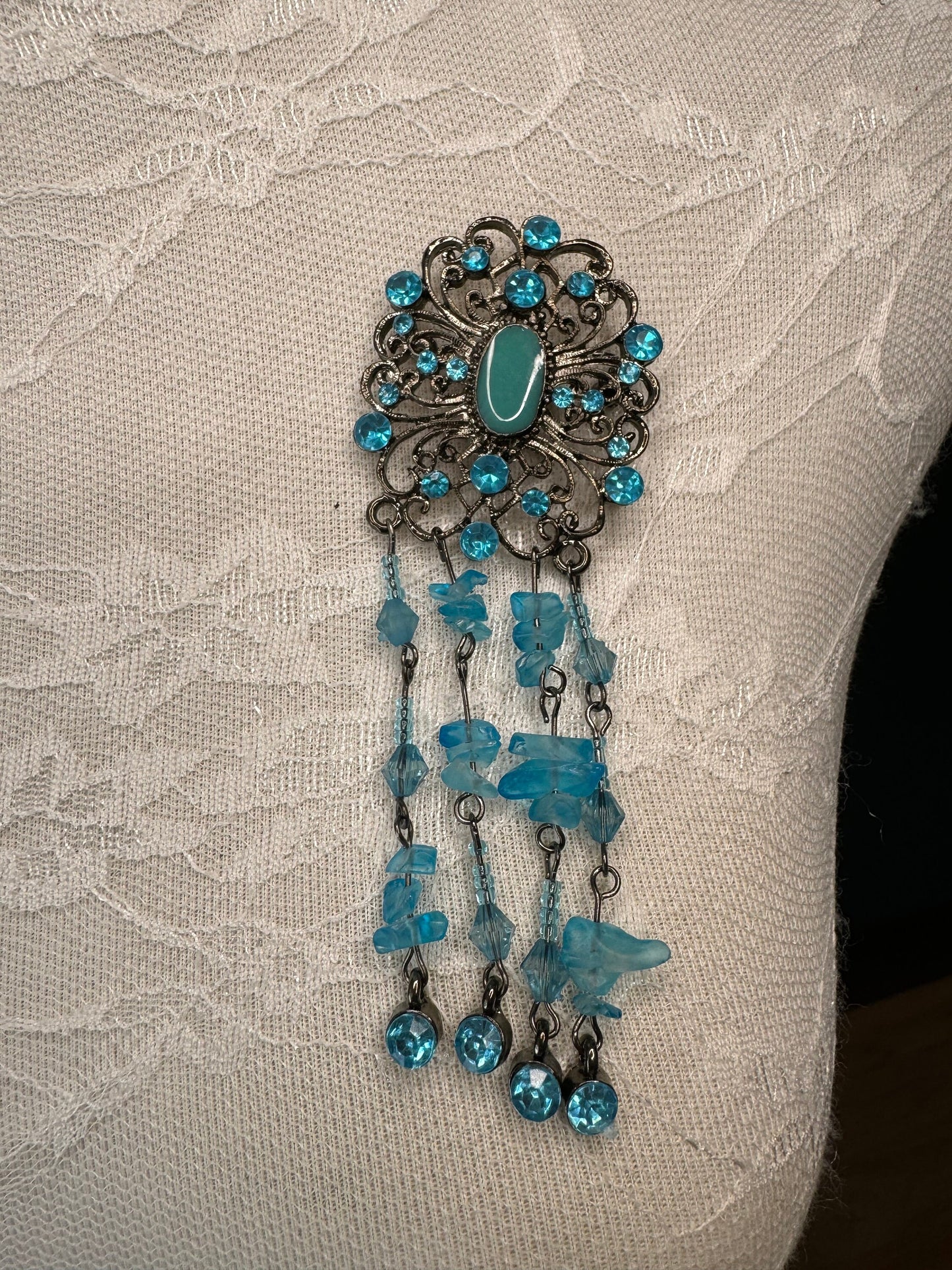 Rhinestone Brooch, Beaded Tassel Brooch, Gunmetal Brooch, Diamanté Brooch, Jewel Brooch, Gift, Quality Brooch