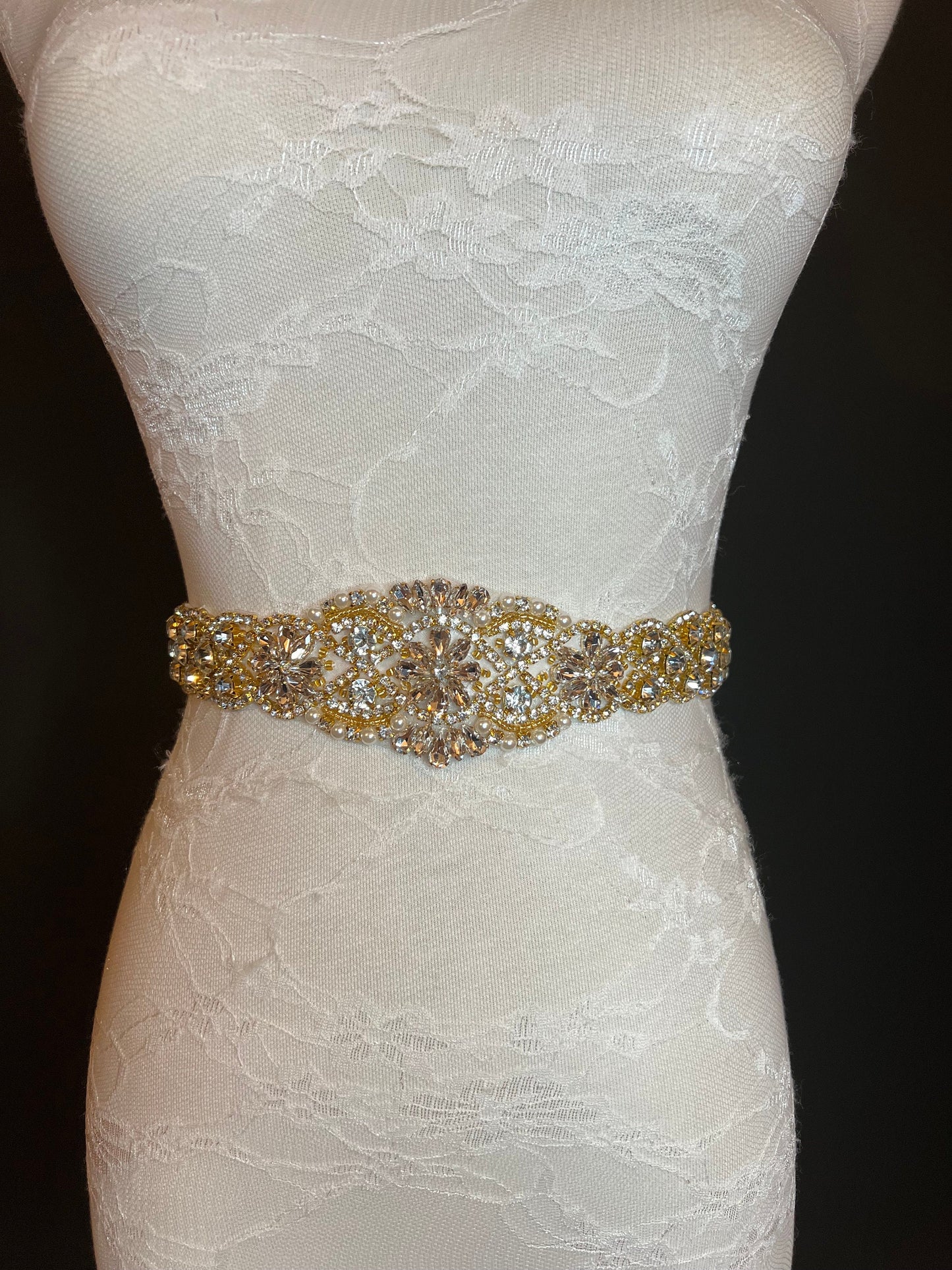 Crystal Rhinestone Wedding Belt, Gold Base, Ivory Ribbon