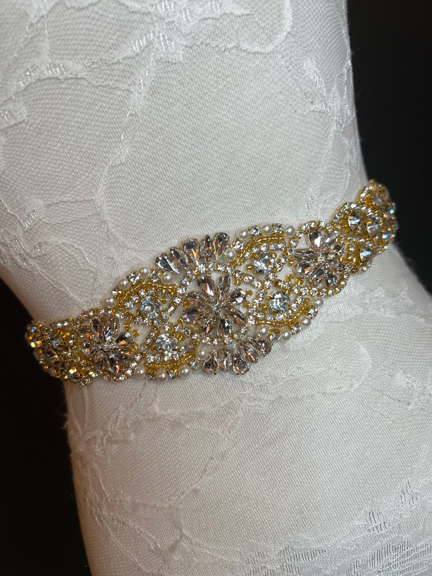Crystal Rhinestone Wedding Belt, Gold Base, Ivory Ribbon
