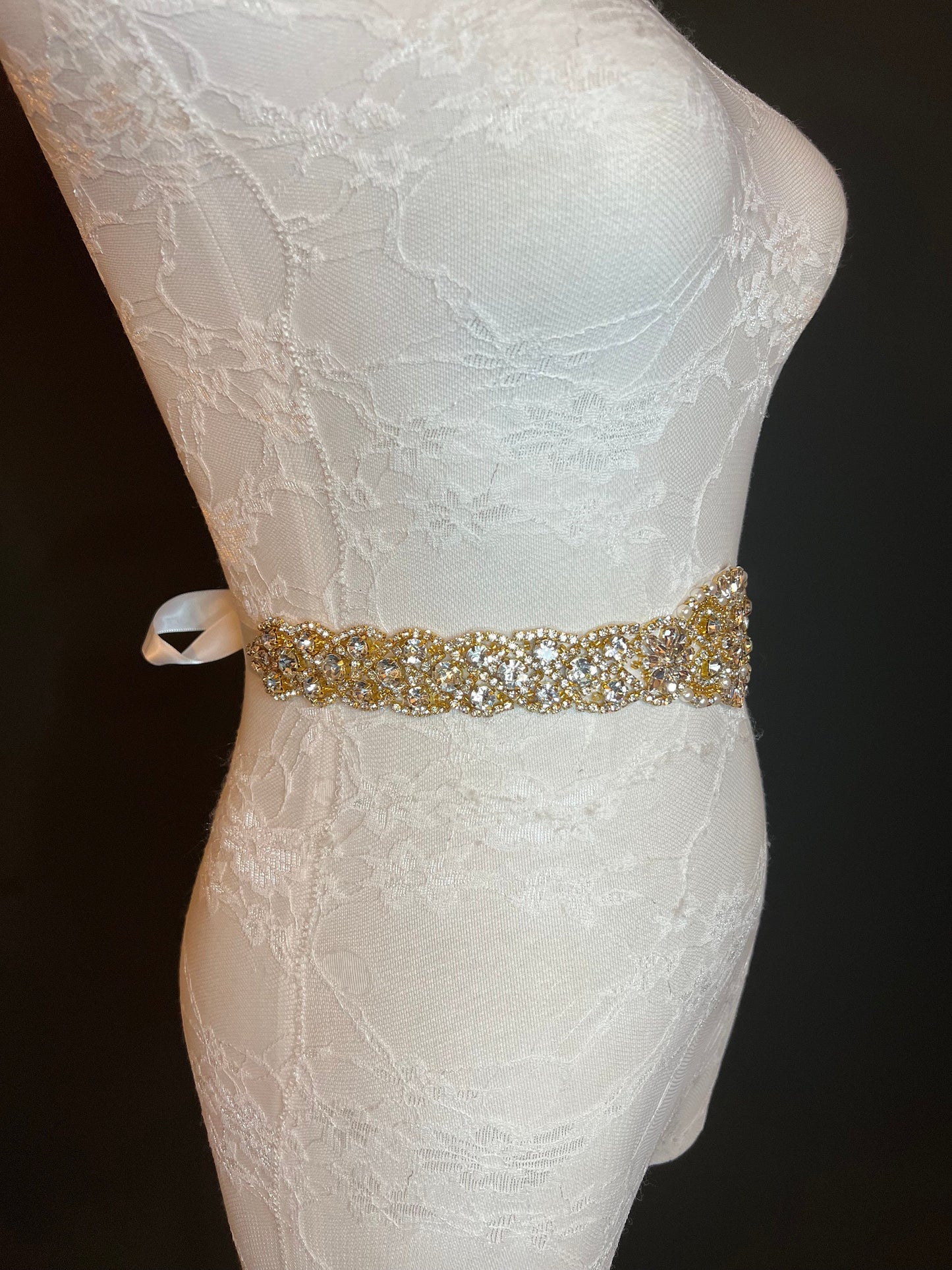 Crystal Rhinestone Wedding Belt, Gold Base, Ivory Ribbon