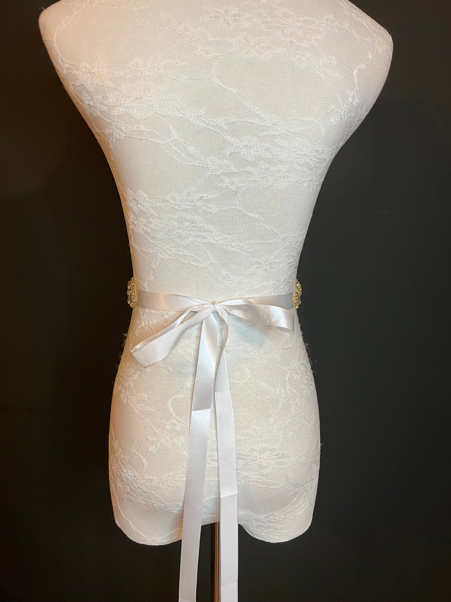 Crystal Rhinestone Wedding Belt, Gold Base, Ivory Ribbon