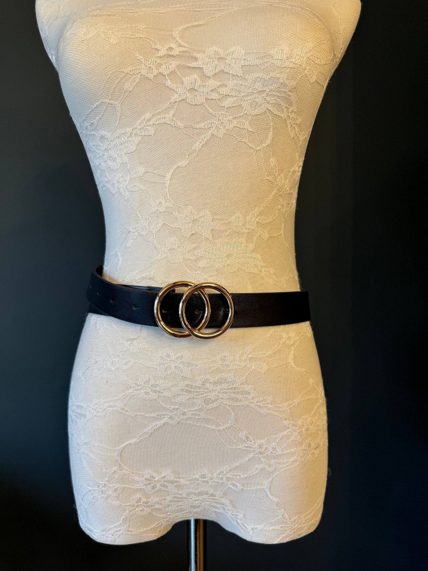 Faux Leather Belt with Gold Double Ring Buckle