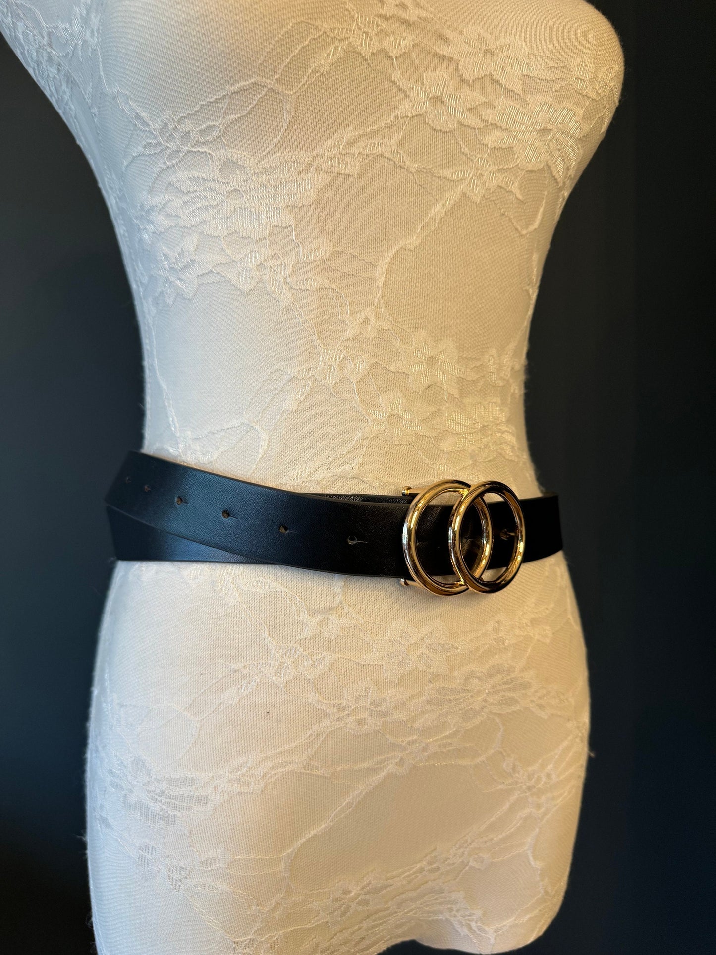Faux Leather Belt with Gold Double Ring Buckle