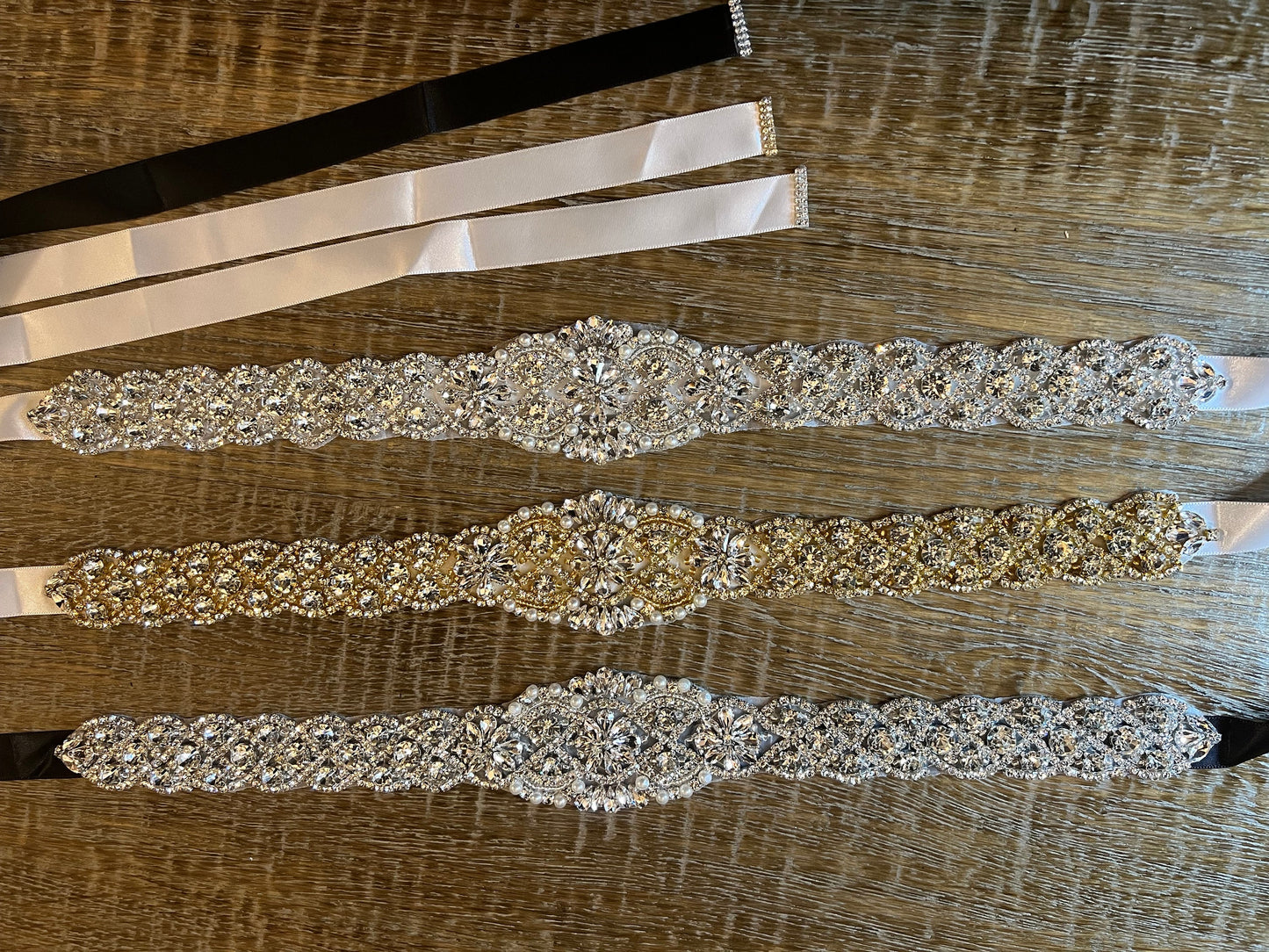 Crystal Rhinestone Wedding Belt, Gold Base, Ivory Ribbon