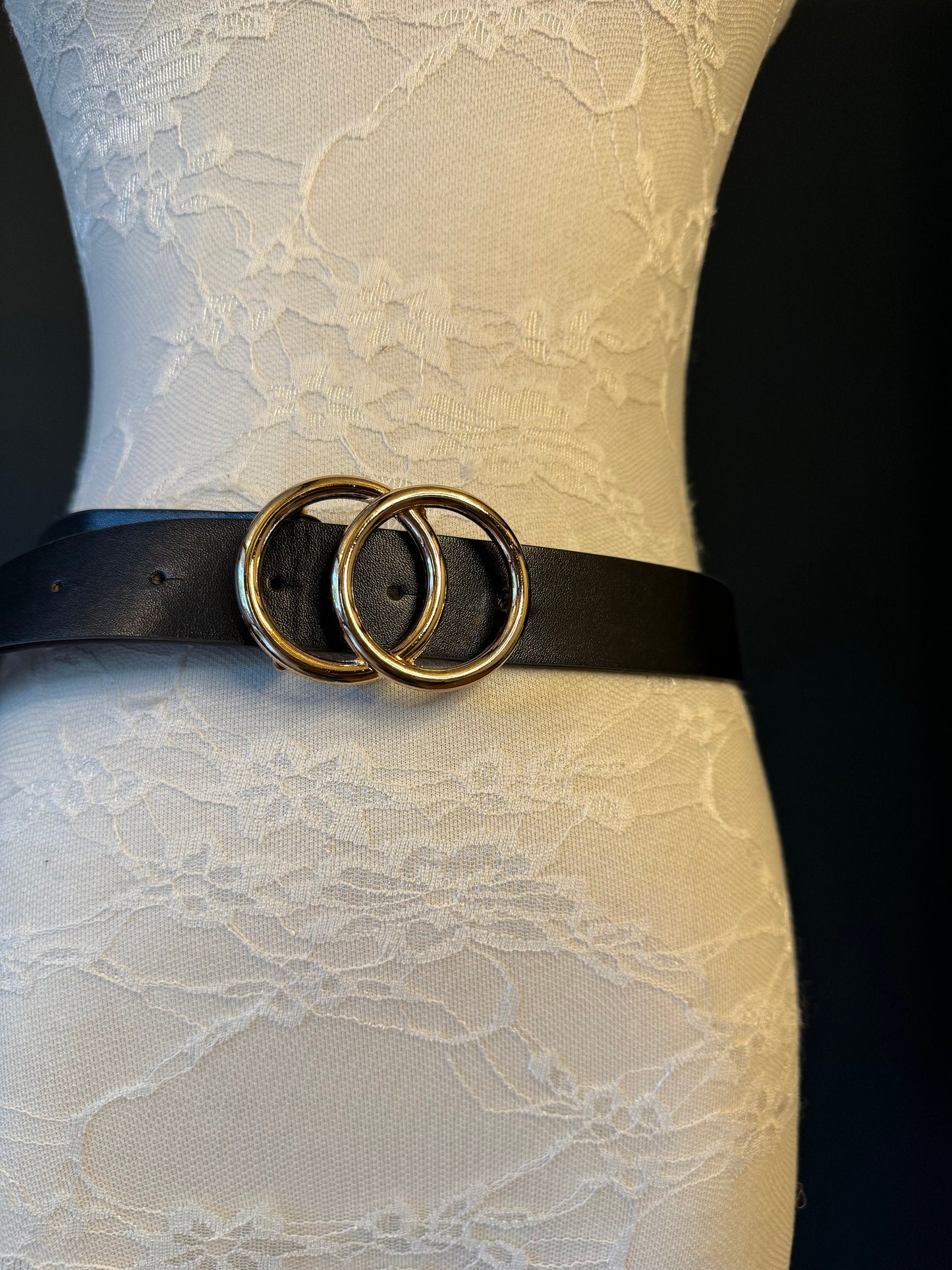 Faux Leather Belt with Gold Double Ring Buckle