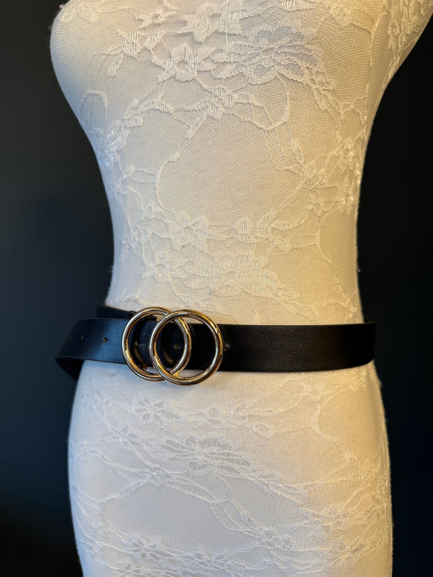 Faux Leather Belt with Gold Double Ring Buckle