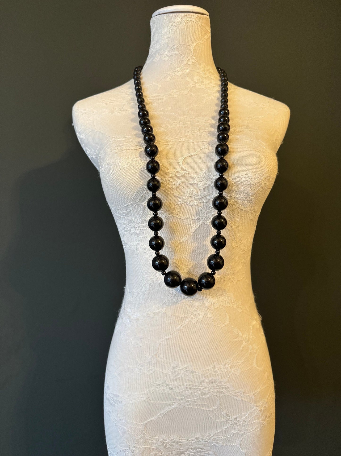 Handmade Oversized Beaded Black Necklace, Adjustable Long Chain