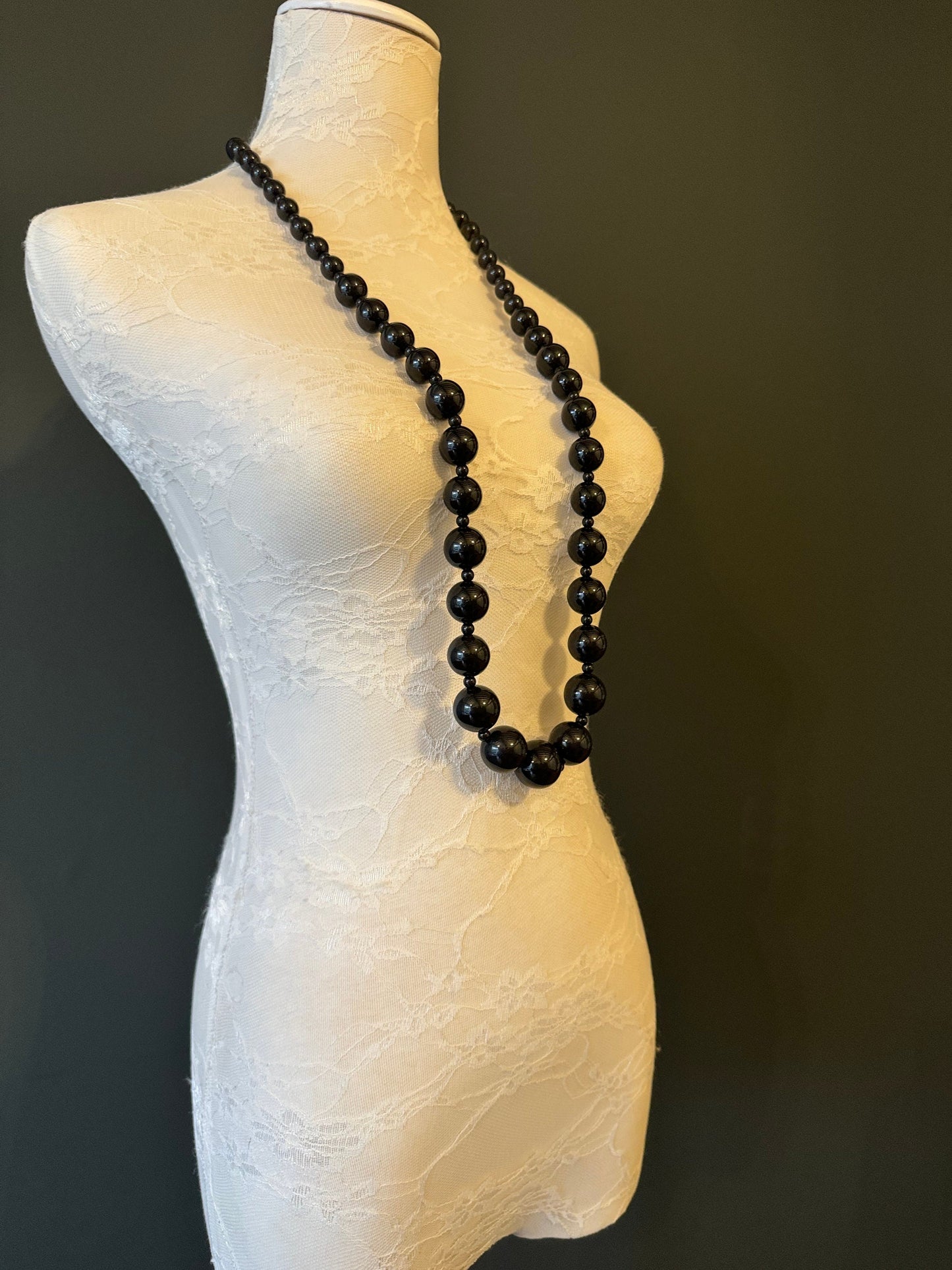 Handmade Oversized Beaded Black Necklace, Adjustable Long Chain