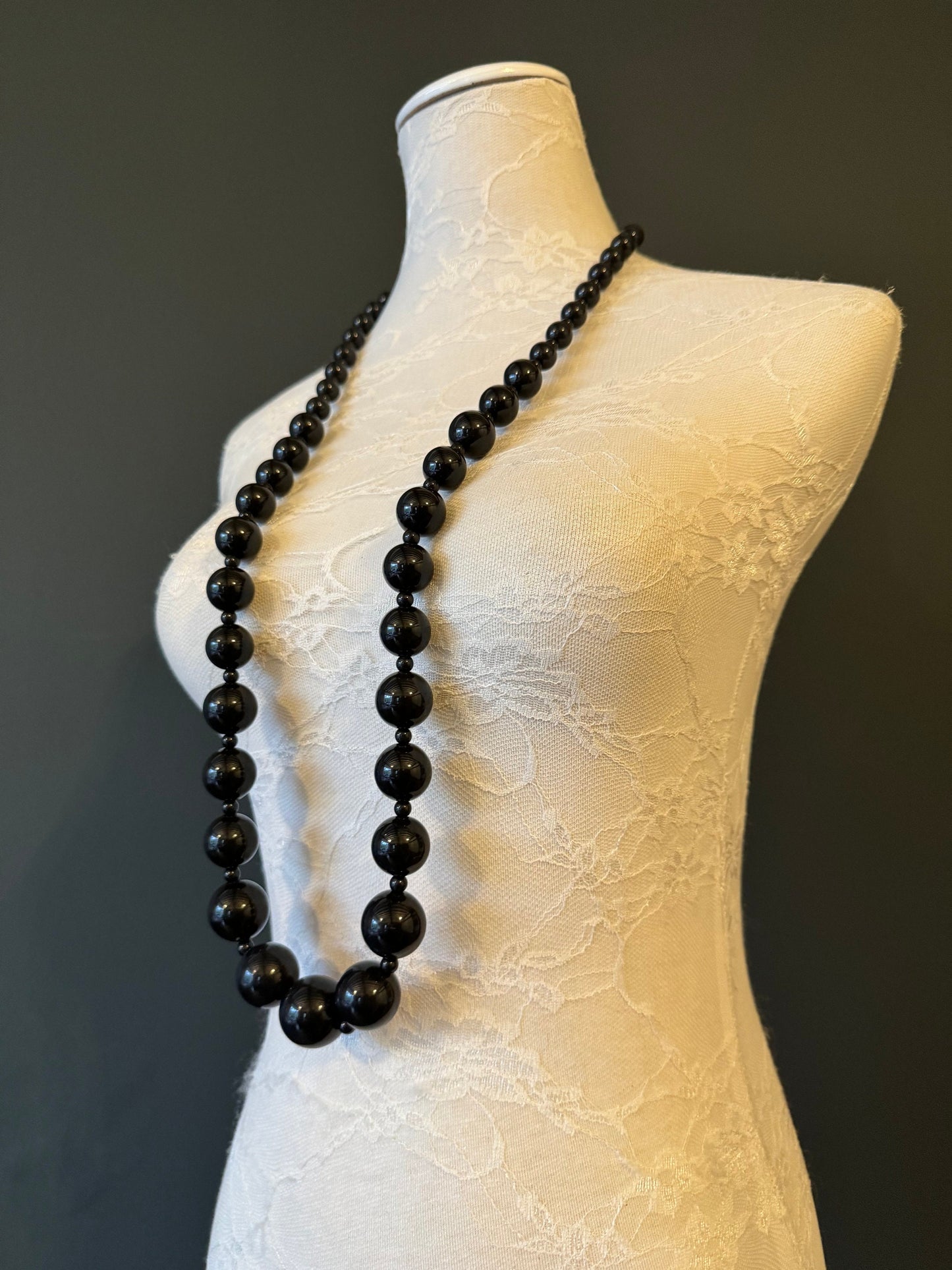 Handmade Oversized Beaded Black Necklace, Adjustable Long Chain