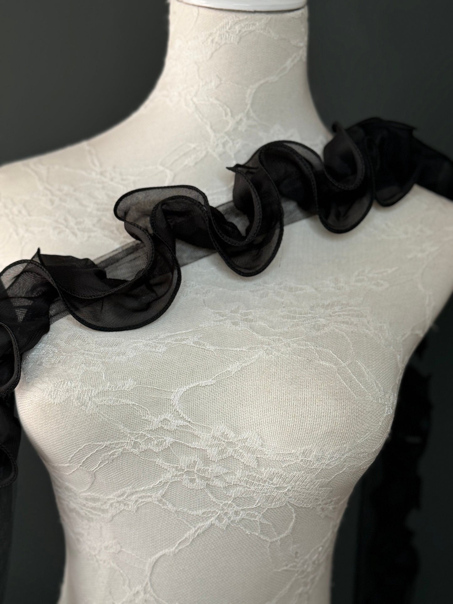 2.5” Wide Ruffle Tape, Stylish Ruffles, Lace Trim, Black, Ivory, Easy to Sew, Sewing Organza Frill Lace, Dresses, FAN Design, FAN Fashion