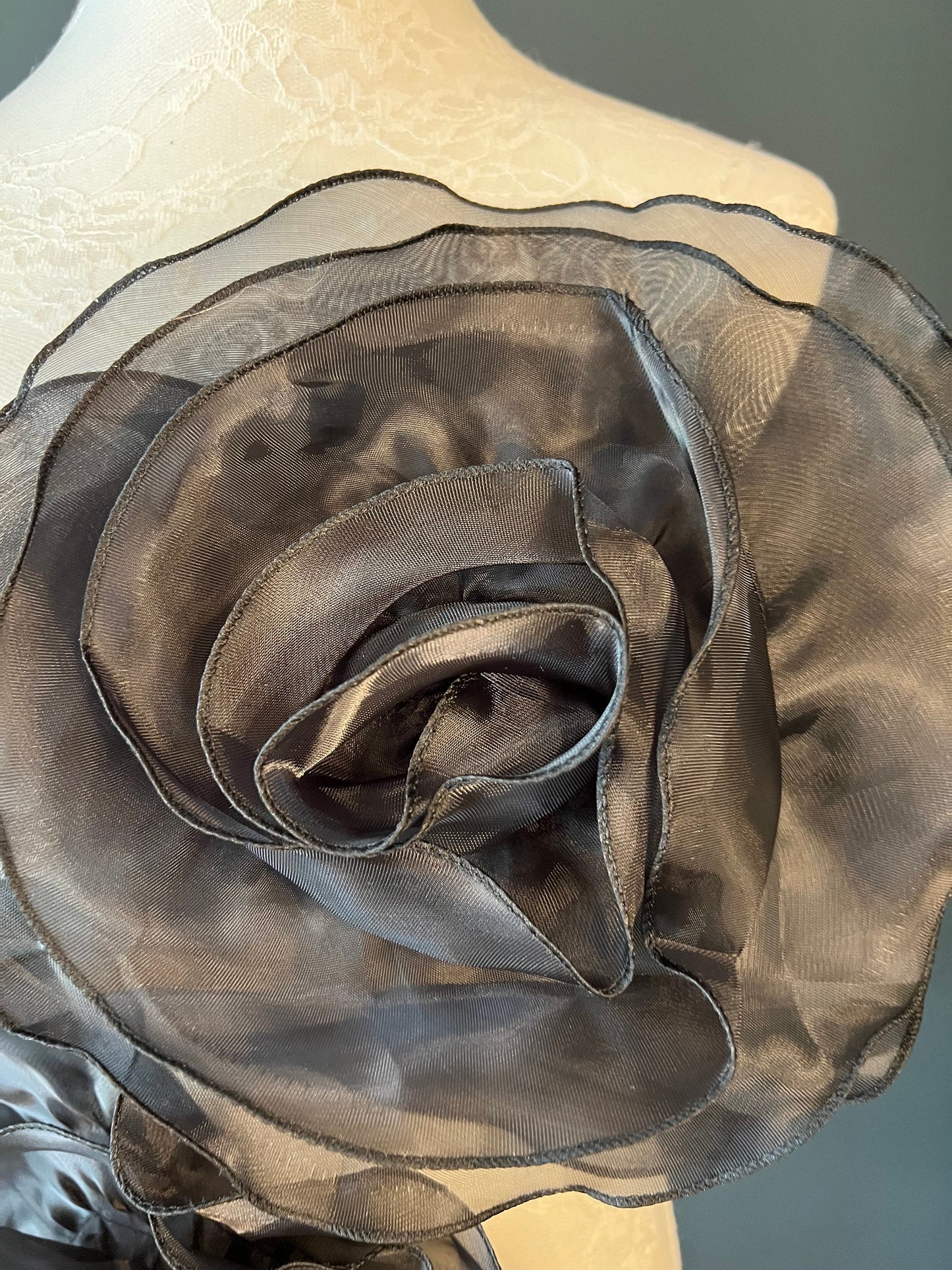 Large 3D Corsage Flower, Black, 10” Wide, Pin on Corsage, Bridal, Clothing, Dress, Hat, Accessory, FAN Design