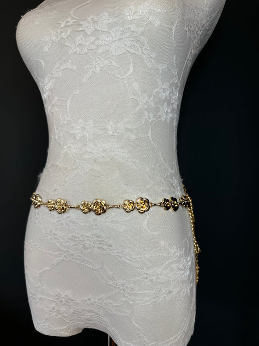 X-long Rose Belt, Floral Gold Metal Belt, Teen Sizes, Size 18”-60”, Fan Design, Fan Collection, Gold, Metal, Fashion Accessory