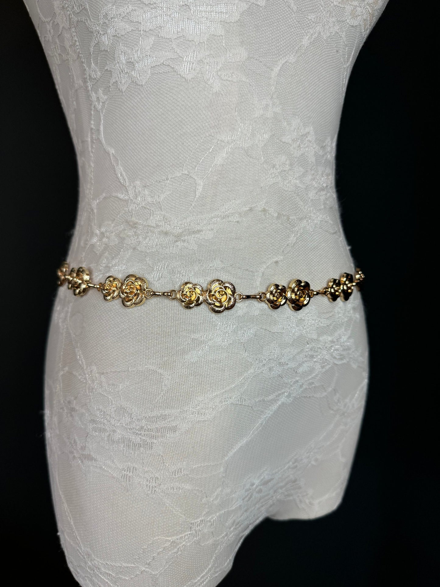 X-long Rose Belt, Floral Gold Metal Belt, Teen Sizes, Size 18”-60”, Fan Design, Fan Collection, Gold, Metal, Fashion Accessory