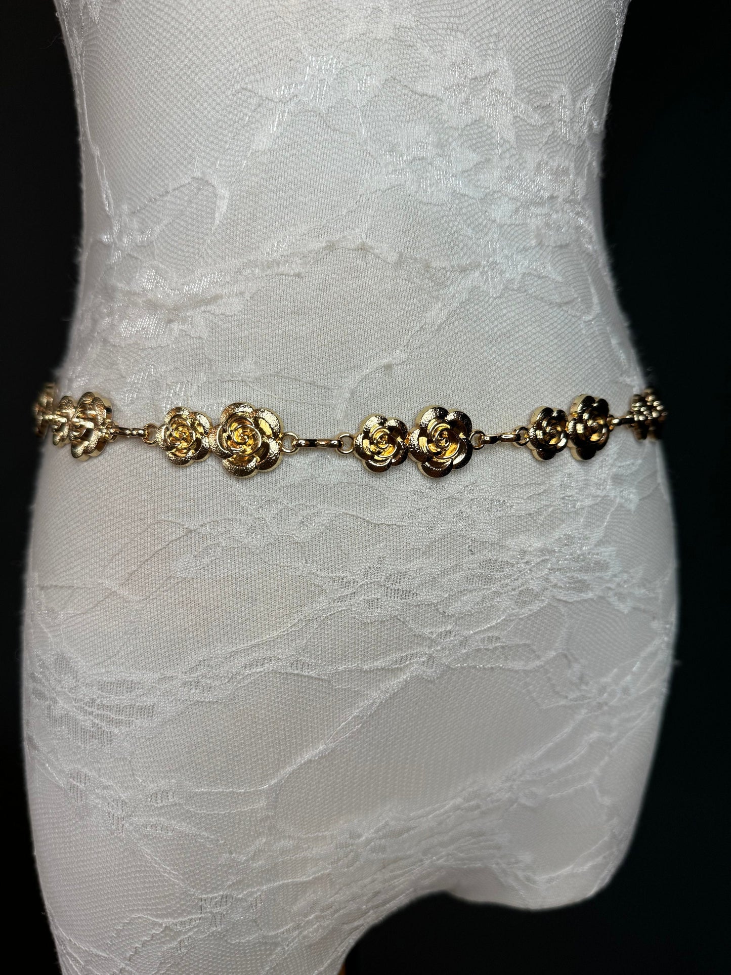 X-long Rose Belt, Floral Gold Metal Belt, Teen Sizes, Size 18”-60”, Fan Design, Fan Collection, Gold, Metal, Fashion Accessory