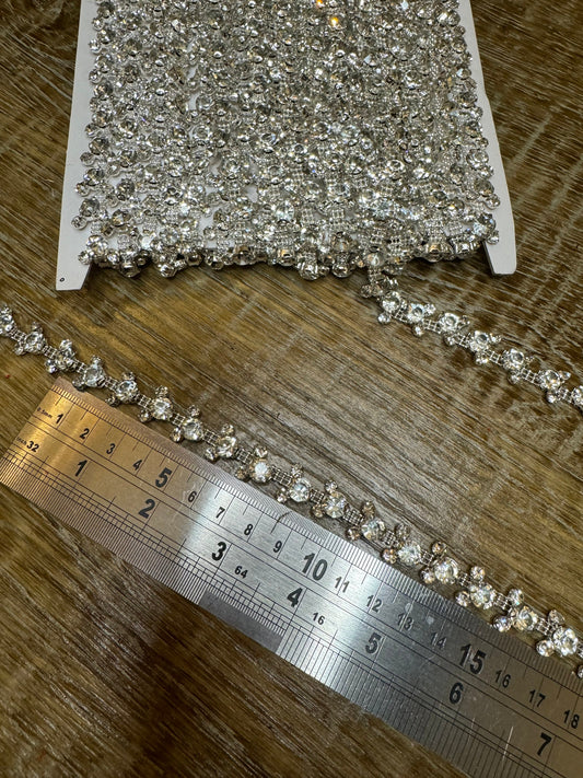 Rhinestone Diamanté, Stunning Chain Trim, Beaded Applique For Wedding Dress, Dancer, Prom, Dresses, Bridal Belt, Bridal Garter, Silver