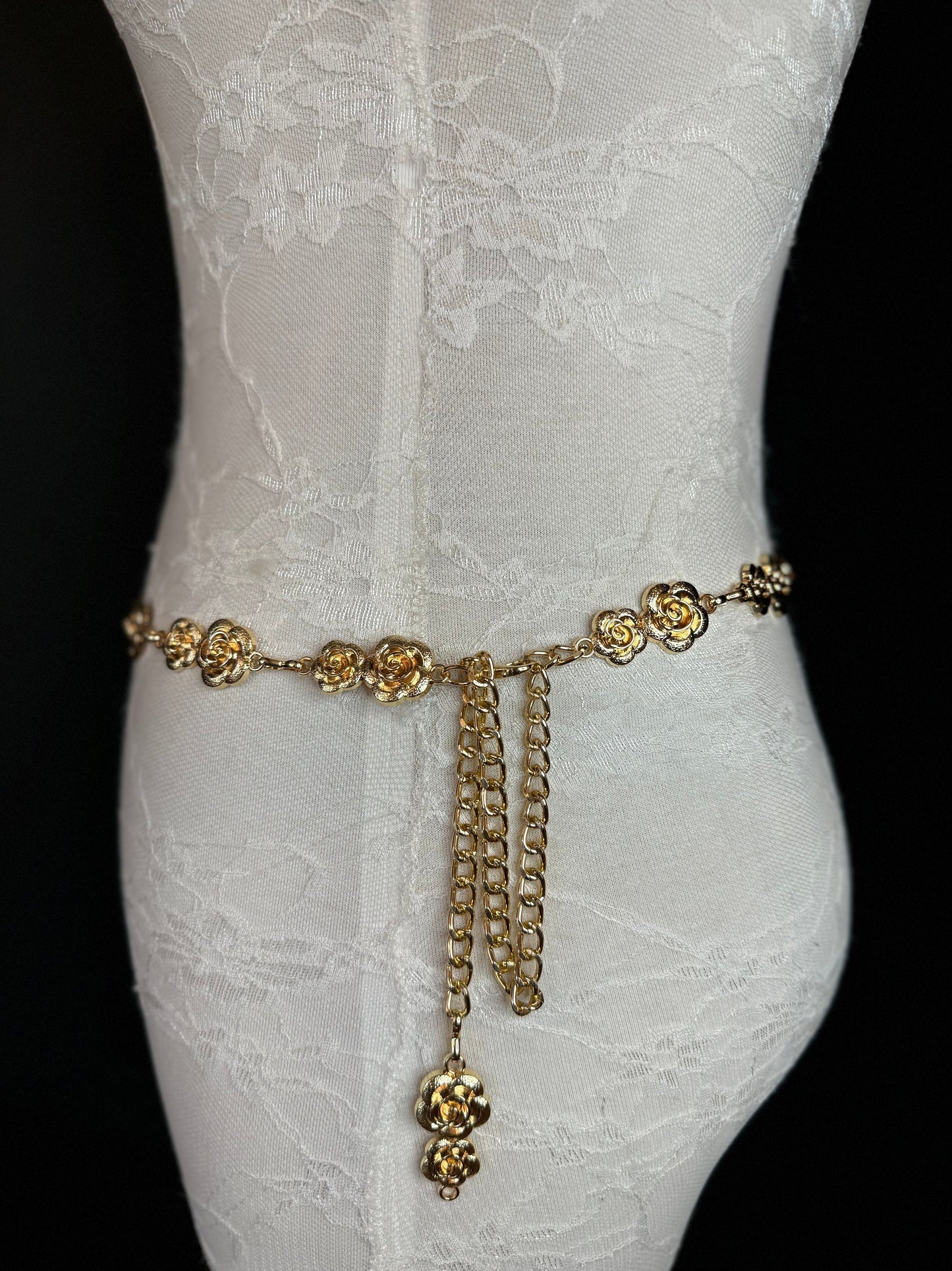 X-long Rose Belt, Floral Gold Metal Belt, Teen Sizes, Size 18”-60”, Fan Design, Fan Collection, Gold, Metal, Fashion Accessory