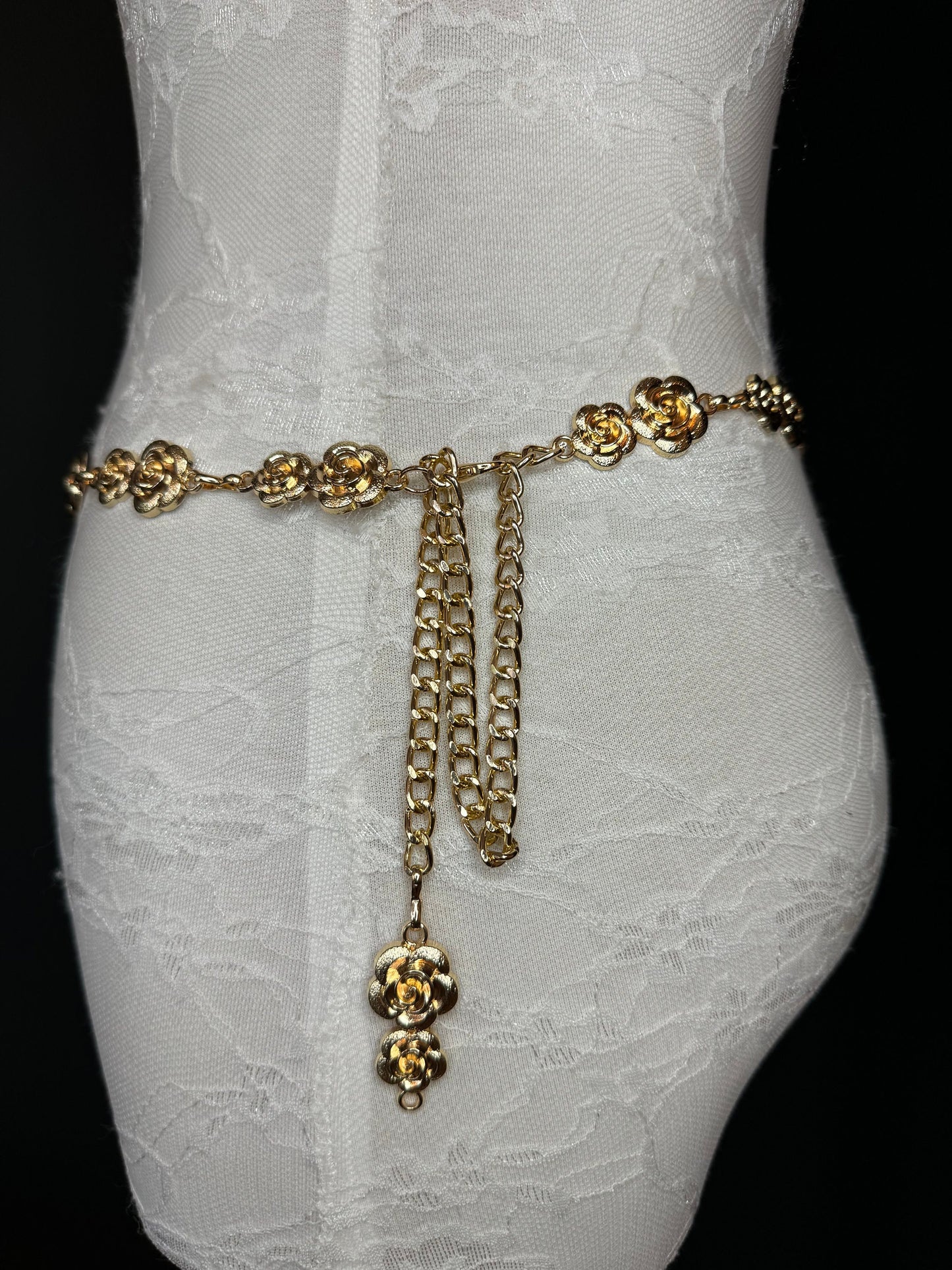X-long Rose Belt, Floral Gold Metal Belt, Teen Sizes, Size 18”-60”, Fan Design, Fan Collection, Gold, Metal, Fashion Accessory