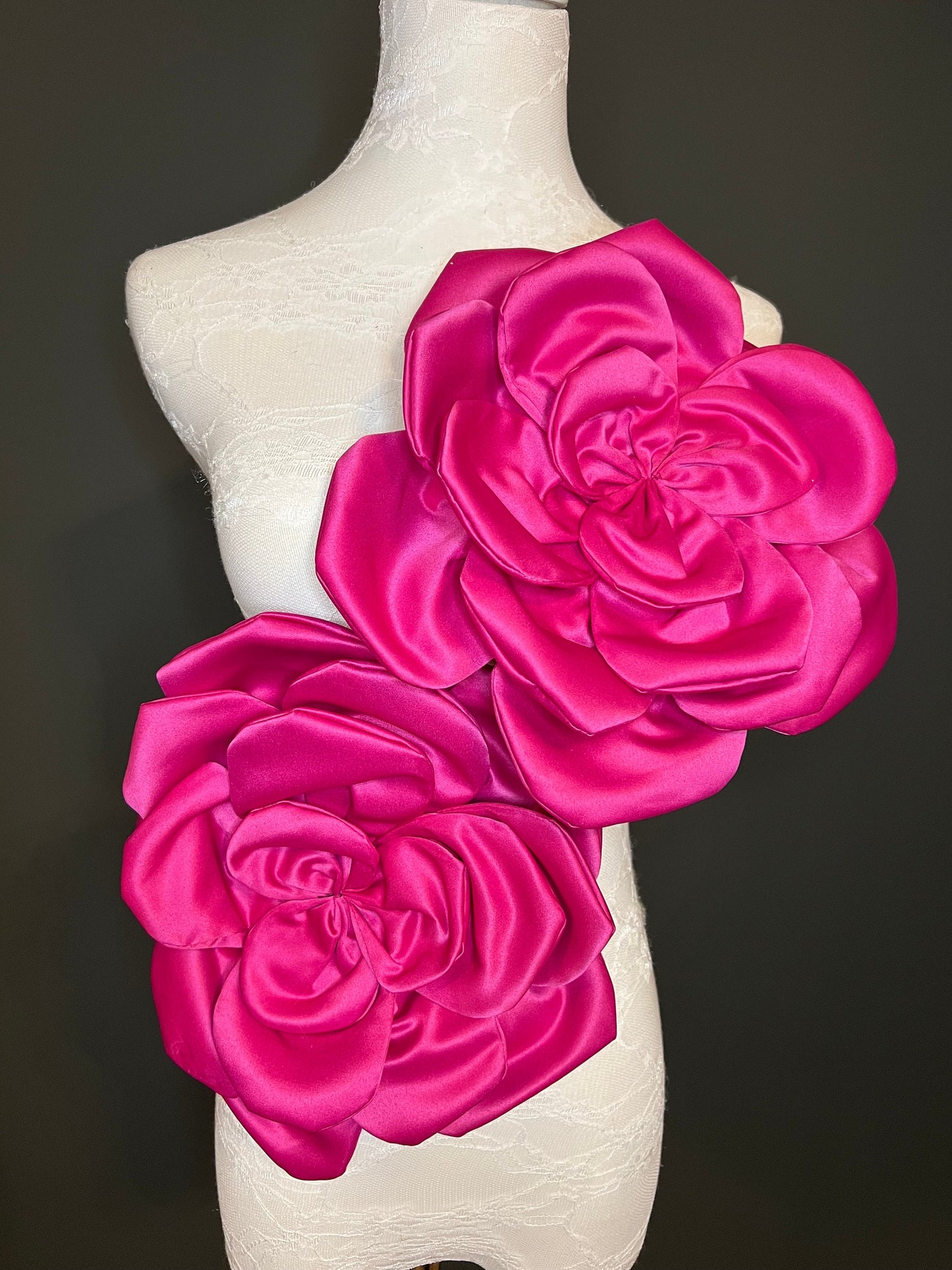 Oversized Cerise Satin Corsage, Handmade 3D Flower Pin, 11" Wide