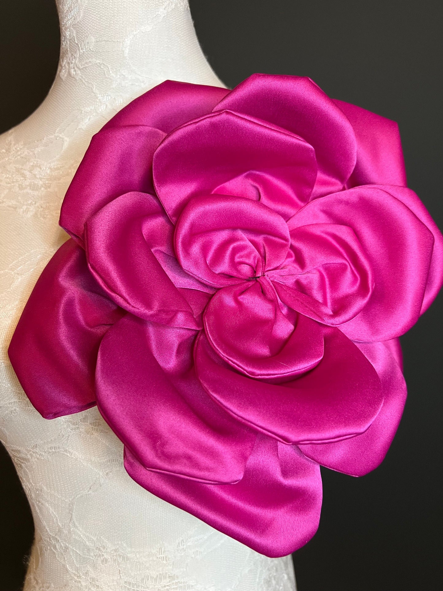 Oversized Cerise Satin Corsage, Handmade 3D Flower Pin, 11" Wide