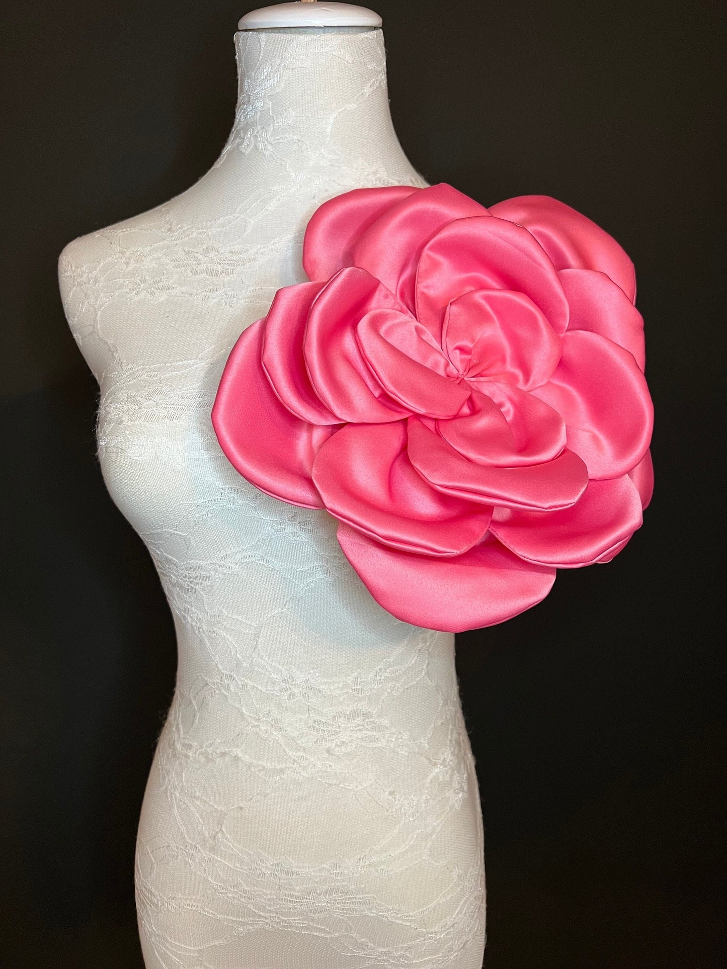 Oversized Coral Pink Satin Corsage, Handmade 3D Flower Pin 11” Wide, 9 Colours