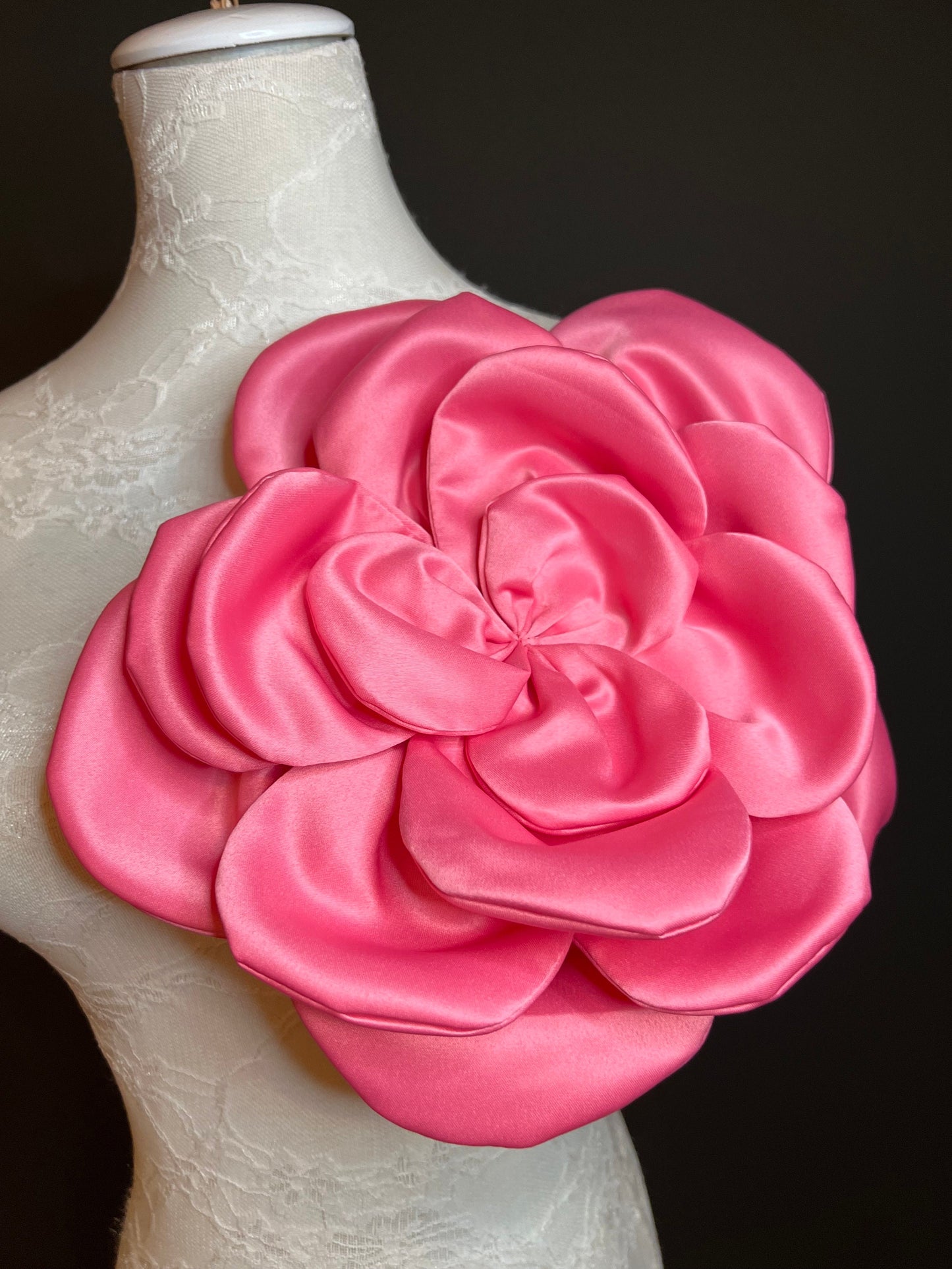 Oversized Coral Pink Satin Corsage, Handmade 3D Flower Pin 11” Wide, 9 Colours