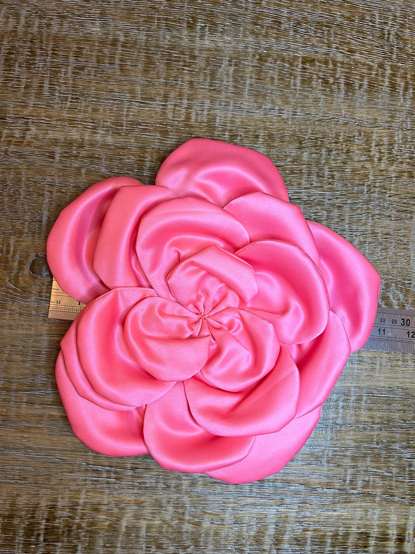 Oversized Coral Pink Satin Corsage, Handmade 3D Flower Pin 11” Wide, 9 Colours