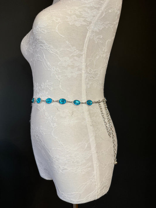 X-Long Belt, Turquoise Blue Jewel Rhinestone Belt, Silver Chain Belt, Vintage Style Belt, Diamante Belt, Fashion Belt, Elegant,Swimwear Belt