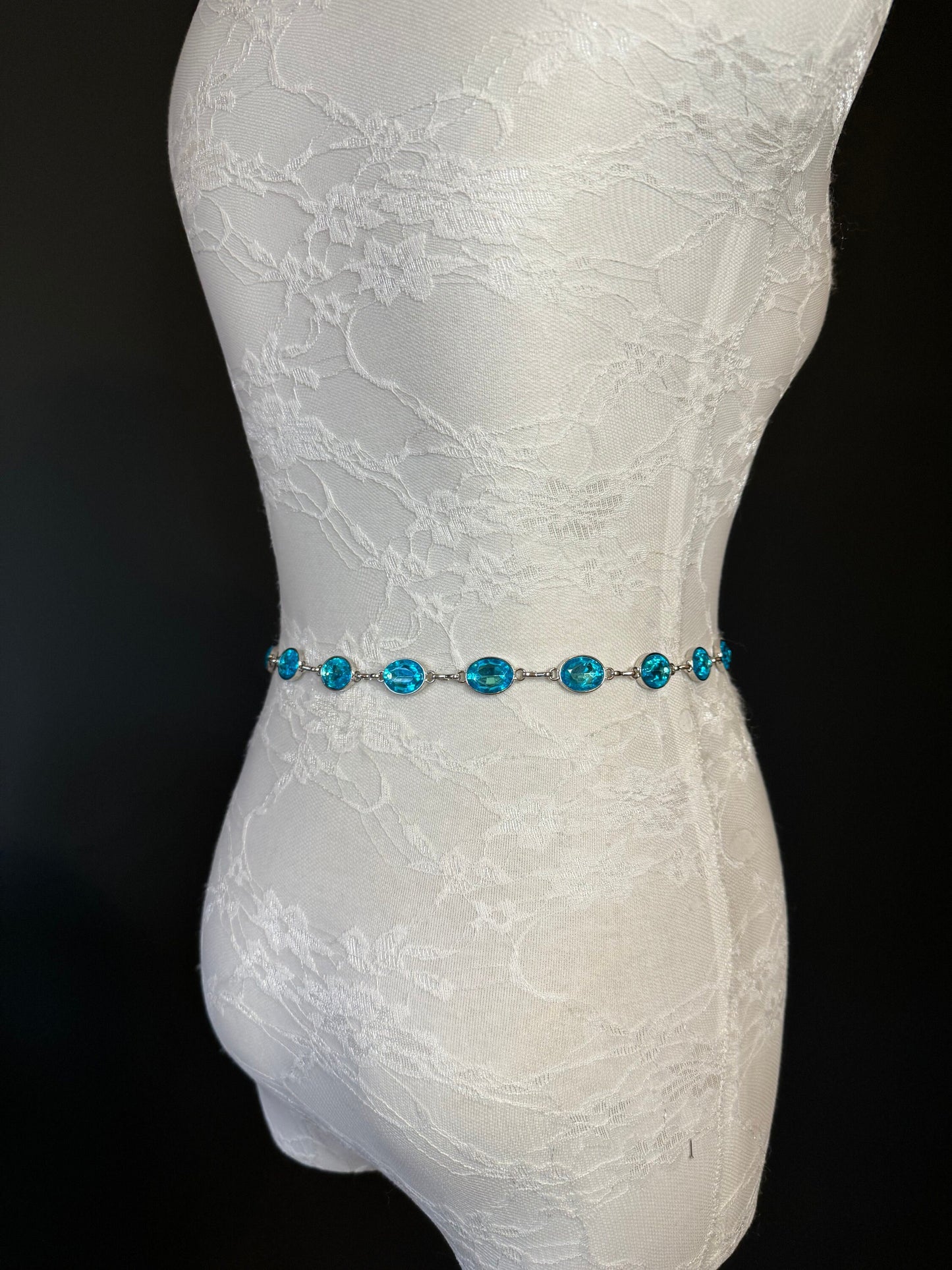 X-Long Belt, Turquoise Blue Jewel Rhinestone Belt, Silver Chain Belt, Vintage Style Belt, Diamante Belt, Fashion Belt, Elegant,Swimwear Belt