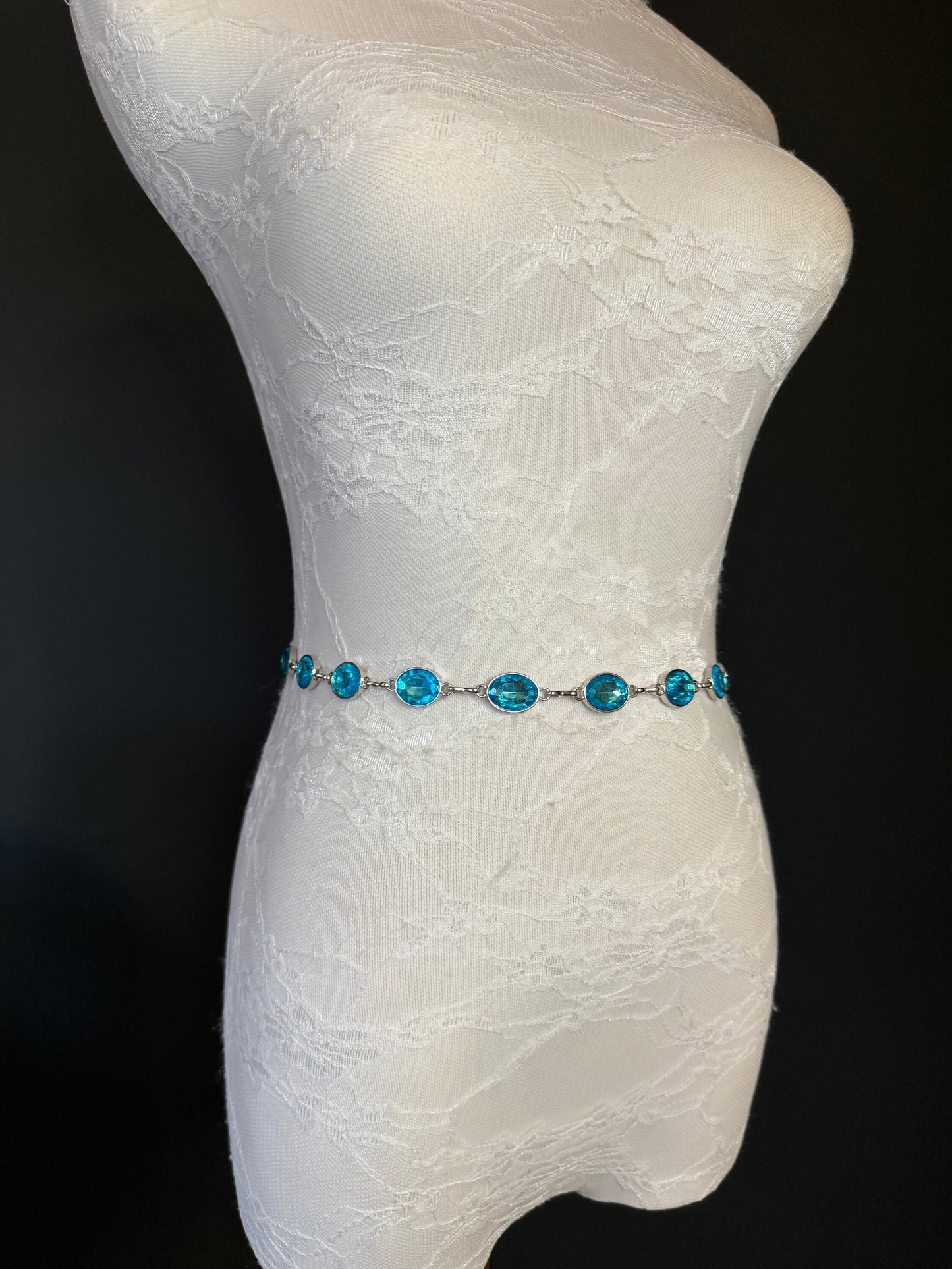 X-Long Belt, Turquoise Blue Jewel Rhinestone Belt, Silver Chain Belt, Vintage Style Belt, Diamante Belt, Fashion Belt, Elegant,Swimwear Belt