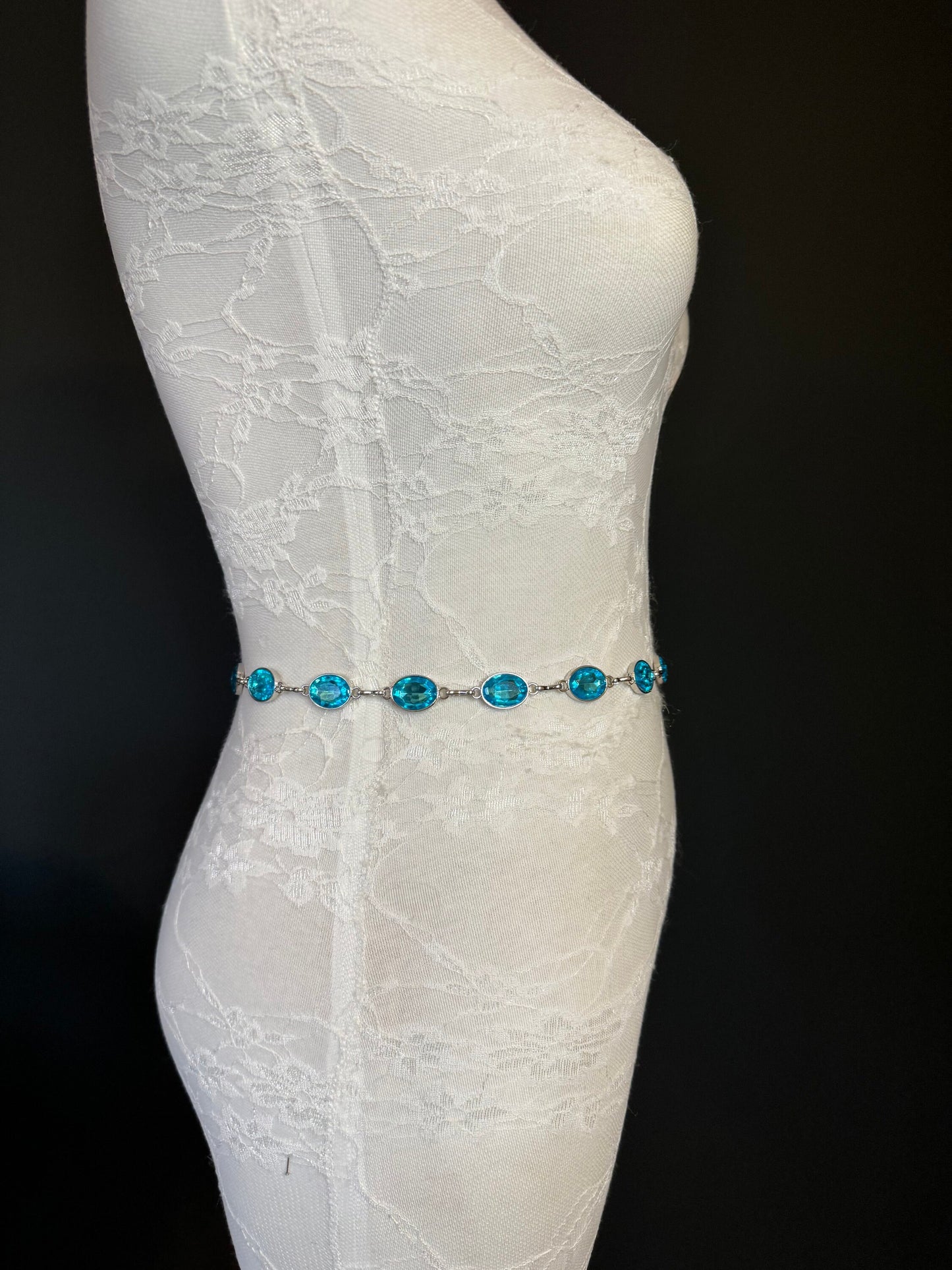 X-Long Belt, Turquoise Blue Jewel Rhinestone Belt, Silver Chain Belt, Vintage Style Belt, Diamante Belt, Fashion Belt, Elegant,Swimwear Belt