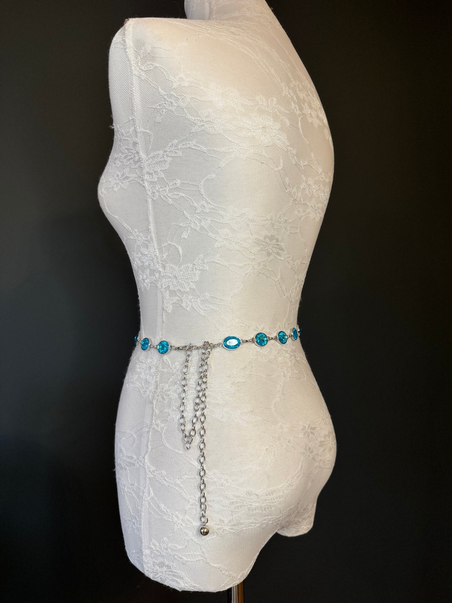 X-Long Belt, Turquoise Blue Jewel Rhinestone Belt, Silver Chain Belt, Vintage Style Belt, Diamante Belt, Fashion Belt, Elegant,Swimwear Belt