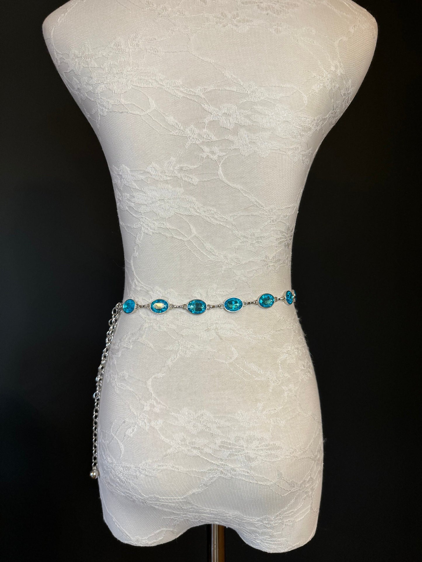 X-Long Belt, Turquoise Blue Jewel Rhinestone Belt, Silver Chain Belt, Vintage Style Belt, Diamante Belt, Fashion Belt, Elegant,Swimwear Belt
